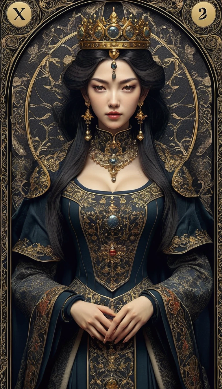 (best quality, masterpiece:1.2), tarot card number "XIII", empress, medieval style, anime character style, dark tones, realistic rendering, elaborate details