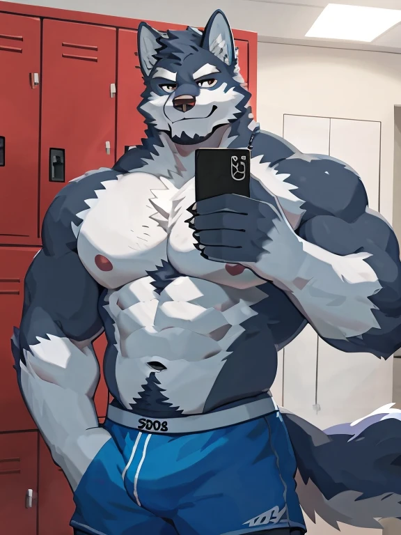1 boy, solo, there is a man in a underwear taking a selfie, anthropology, wolf, hairy, blue and white fur, shritless, flex left arm muscles, korean muscle boy 2 , shirtless :: high detail, open v chest clothes, taken in 2 0 2 0, the super hot and sexy, the eemely hot and sexy, robust sky body, 30 year old man :: athletic, taken in 2022, full scene shot ,selfie, locker room, jock