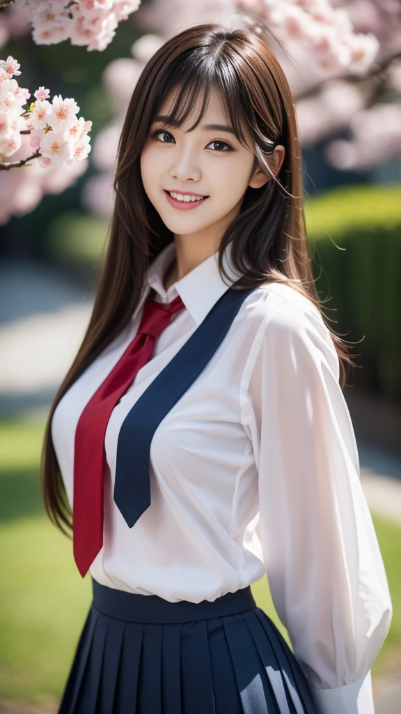 Close-up of a woman posing for a photo, the most beautiful japanese models, 17 year old female model, 4k、bangs、(blonde), medium long hair, 非対称なbangs, straight hair、(white shirt, red tie , dark blue pleated skirt:1.2),　(Super cute face with idol style:1.4), whole body, slim and beautiful body, sexy, beautiful breasts, laughter, The background is a row of cherry blossom trees, (Raw photo, highest quality, masterpiece, super detailed, ultra high resolution, realistic),