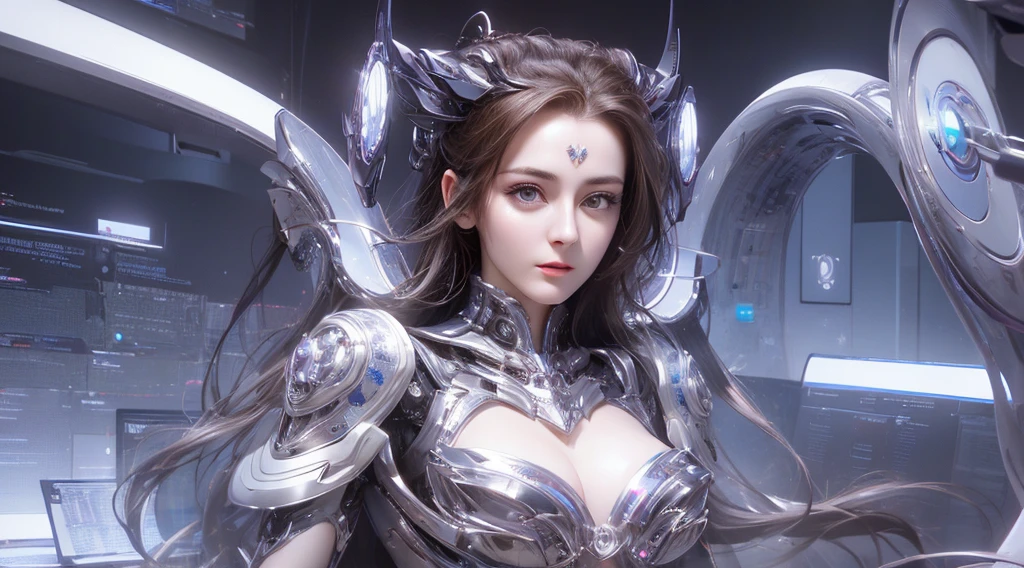 A close-up head and chest portrait of a pretty and cute woman, long hair, her chest adorned with pneumatic tubes that give her a unique and futuristic appearance. The highly detailed digital rendering captures every aspect of her beauty, from her delicate features to the intricate tubes.