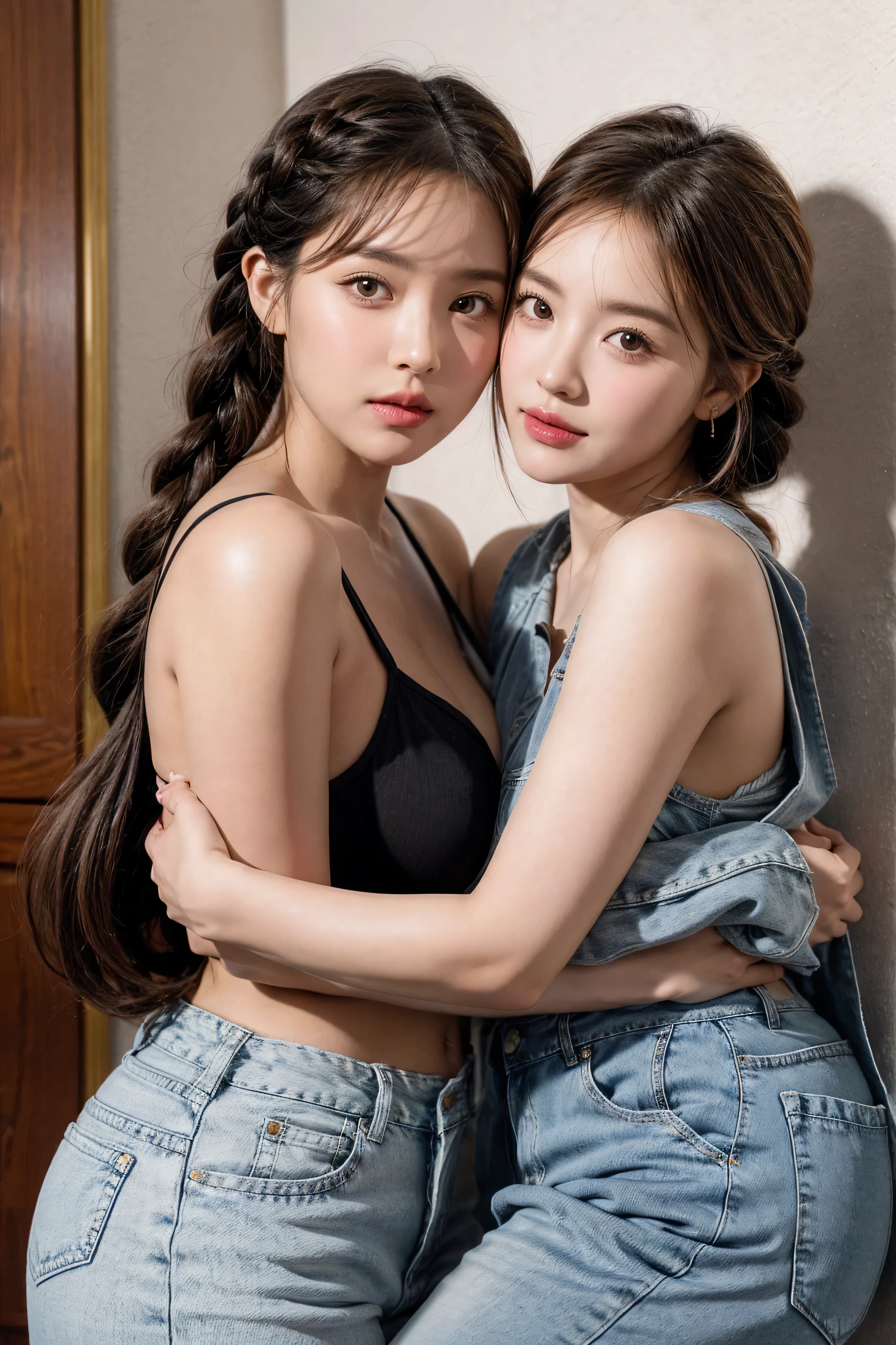 The proportions are the same for all races, All faces and pictures must be different,(ulzzang-6500-v1.3,pureeroface_v1,octane rendering),elegant pose,xxmix girl women, High level of image quality、Like a shot with an SLR、Super detailed illustration of two women, Duo,sisterhood ,sitted,Petting the,closeup portrait,hugs,strabismus:1.4,Depicting the eternal beauty and spirit of two women in 1990. they have a braided hairstyle as used to be in the 80's with lots of thin braids. They wore low-rise jeans and crop tops, 90s clothes. environment in the 1990s, Ms. Schiffer&#39;s work. _movie lighting_v2