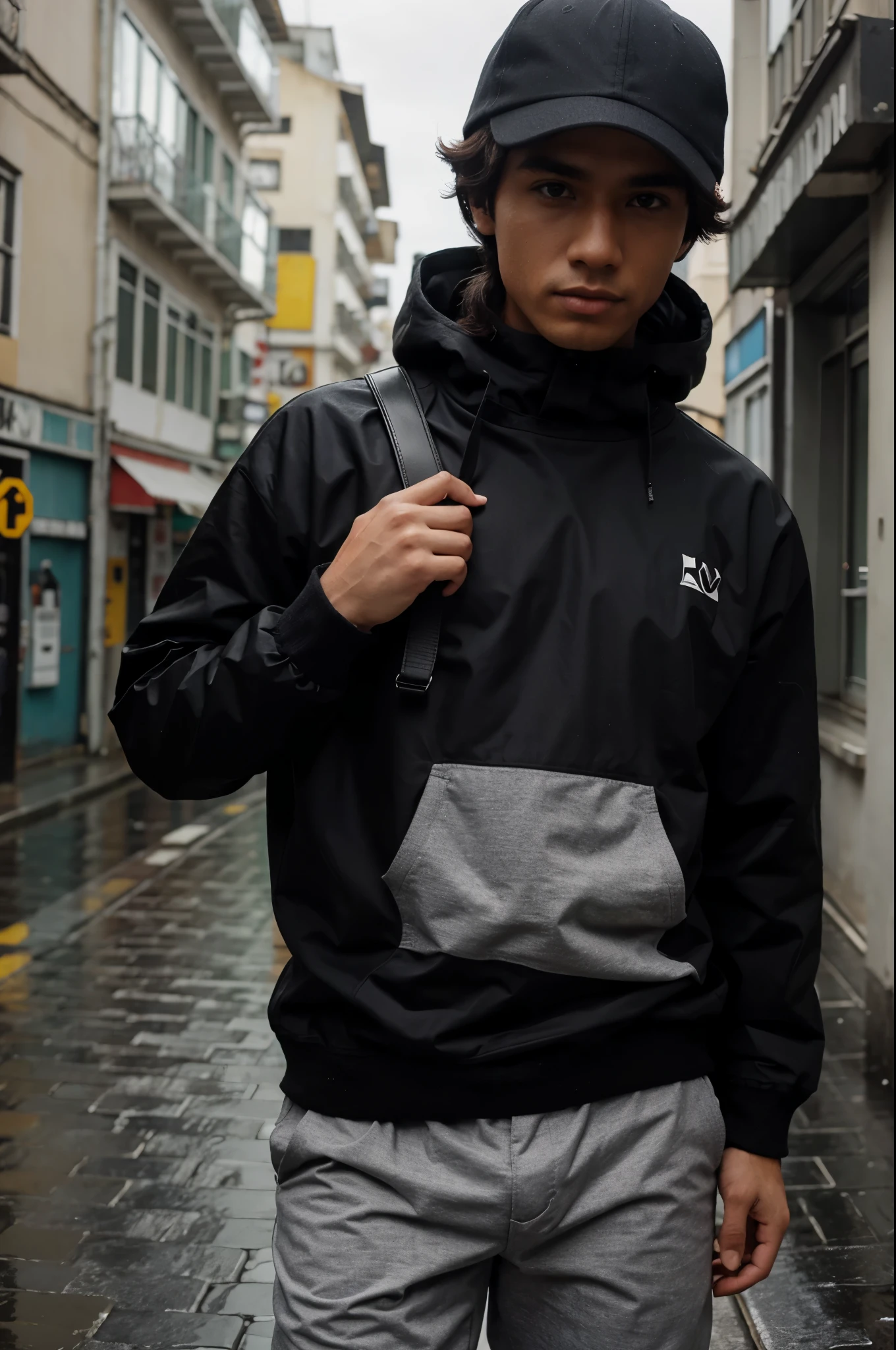 Um garoto usando moletom preto em uma cidade escura com chuva 
