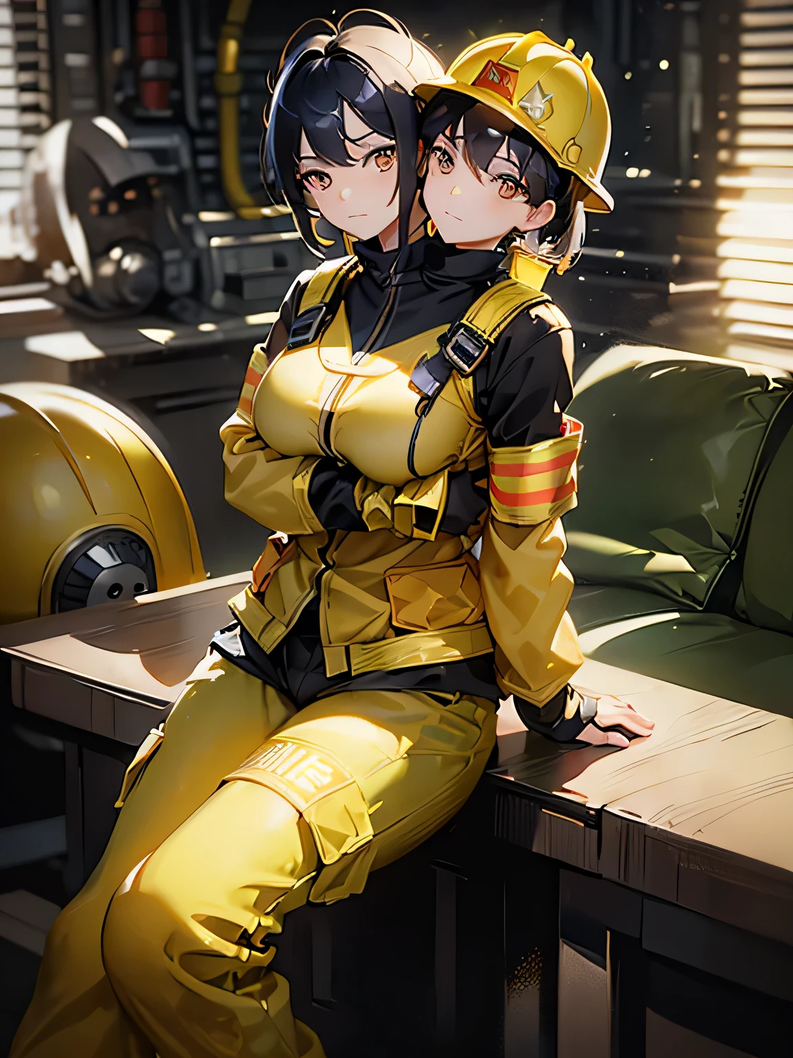 (masterpiece, best quality), best resolution, (2heads:1.5), 1girl, firefighter, helmet, protective pants, yellow themed clothes, short black hair, brown eyes, serious expression, arms crossed