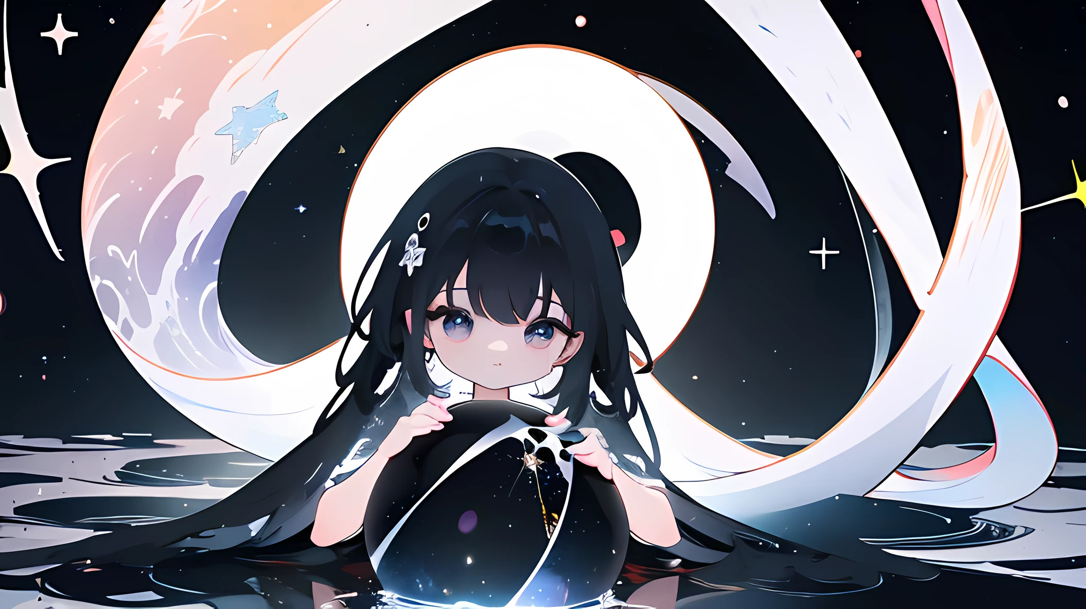 One girl、Composition seen from a distance、black backgrounds、God、cute little、​masterpiece、Masterpiece、top-quality、Top image quality、Deities々Right、doress、wish、Aura of Light、Angel wings、Circle of Angels、ren、glitters、Glitter、closing eye, black long hair and black eyes color