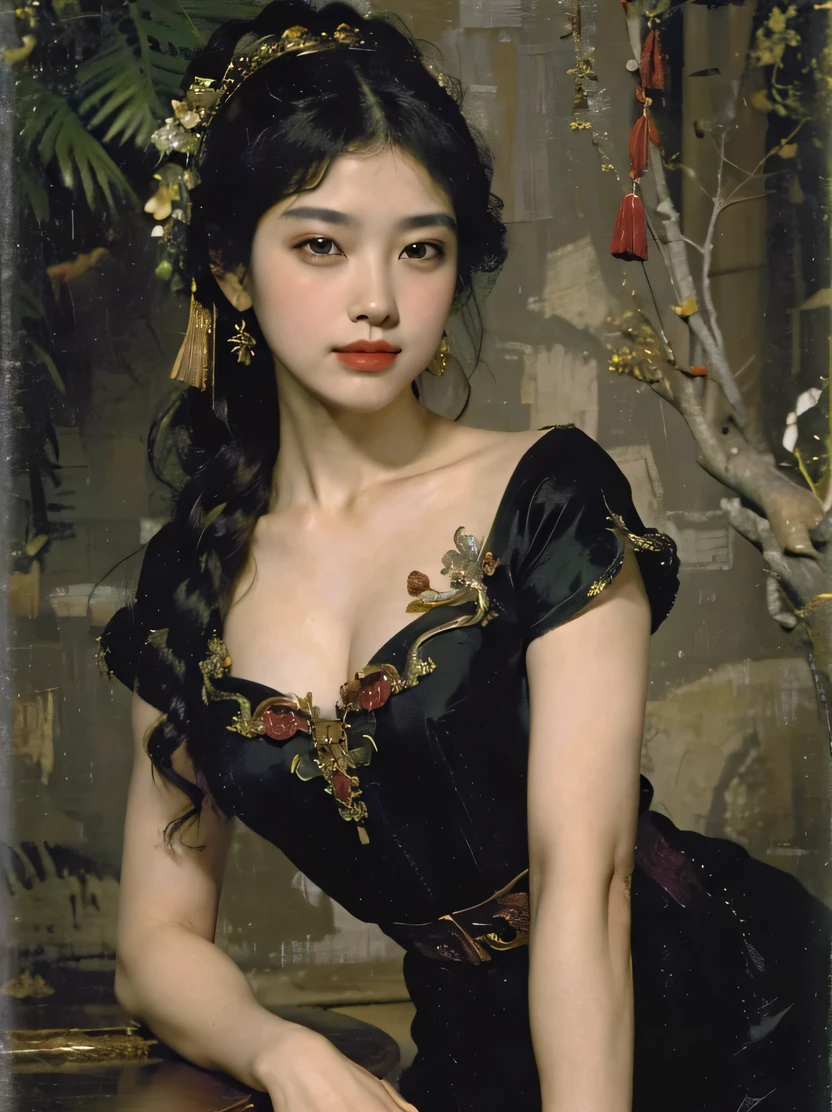 ((masterpiece、highest quality、Super fine、High resolution、sharp focus、cinematic lighting))、((1 female、bust shot))、Woman with long black hair、Westerners、exquisite features、chignon、hairpin、red cheongsam、Plain wall background、((renaissance classic oil painting style))、put your hands on your hips、Sitting on a stool、((Looking at the audience、Detailed hand depiction))、Fechin、oil painting