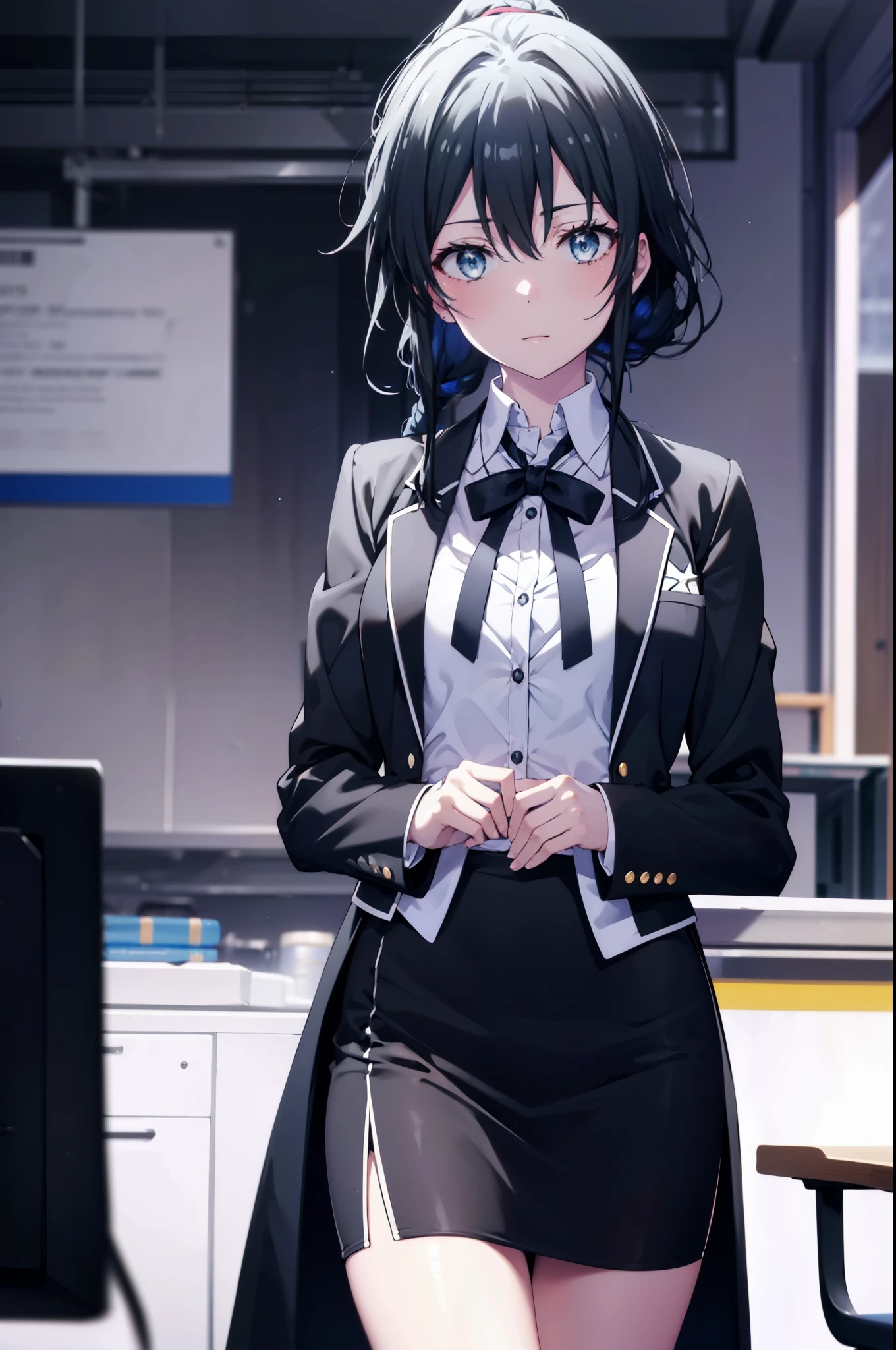 yukinoyukinoshita, yukino yukinoshita, black hair, blue eyes, long hair,short braided hair,ponytail, Ahoge,OL, happy smile, smile, open your mouth,Black Abyss glasses, end, black suit jacket, collared jacket, white dress shirt, collared shirt, neckline, button, strap, ID card on the neck, black pencil skirt, black pantyhose,stiletto heels,Sit on a chair with your legs crossed,There is a computer on the desk.,touch typing,So that the whole body is included in the illustration,
break outdoors, city,building street,
break looking at viewer, (cowboy shot:1.5),
break (masterpiece:1.2), highest quality, High resolution, unity 8k wallpaper, (shape:0.8), (fine and beautiful eyes:1.6), highly detailed face, perfect lighting, Very detailed CG, (perfect hands, perfect anatomy),