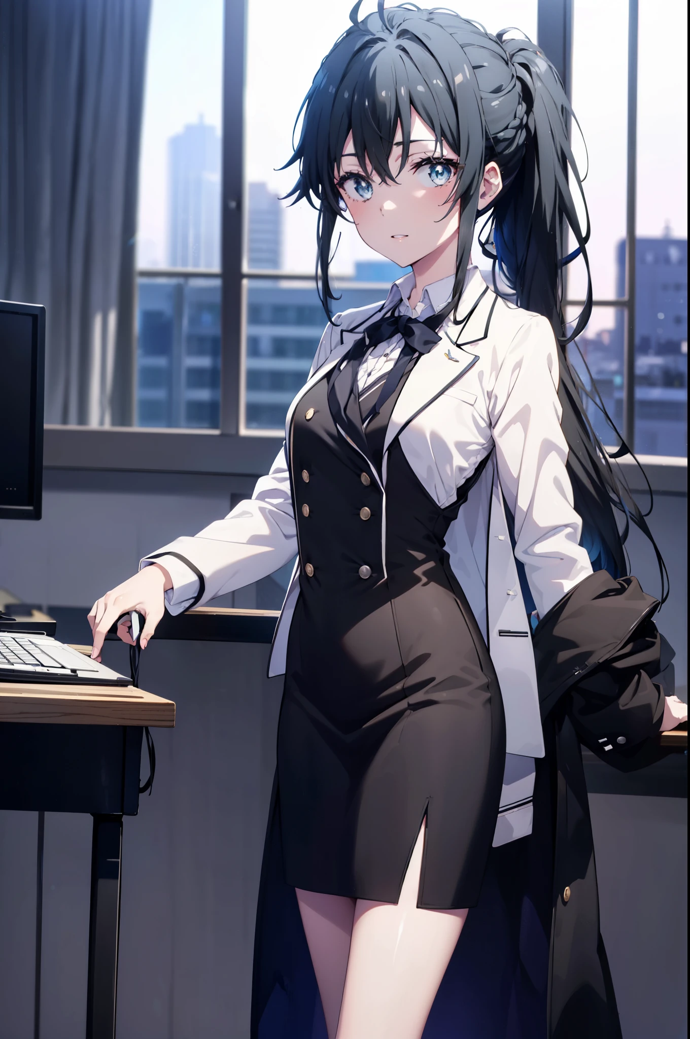 yukinoyukinoshita, yukino yukinoshita, black hair, blue eyes, long hair,short braided hair,ponytail, Ahoge,OL, happy smile, smile, open your mouth,Black Abyss glasses, end, black suit jacket, collared jacket, white dress shirt, collared shirt, neckline, button, strap, ID card on the neck, black pencil skirt, black pantyhose,stiletto heels,Sit on a chair with your legs crossed,There is a computer on the desk.,touch typing,So that the whole body is included in the illustration,
break outdoors, city,building street,
break looking at viewer, (cowboy shot:1.5),
break (masterpiece:1.2), highest quality, High resolution, unity 8k wallpaper, (shape:0.8), (fine and beautiful eyes:1.6), highly detailed face, perfect lighting, Very detailed CG, (perfect hands, perfect anatomy),