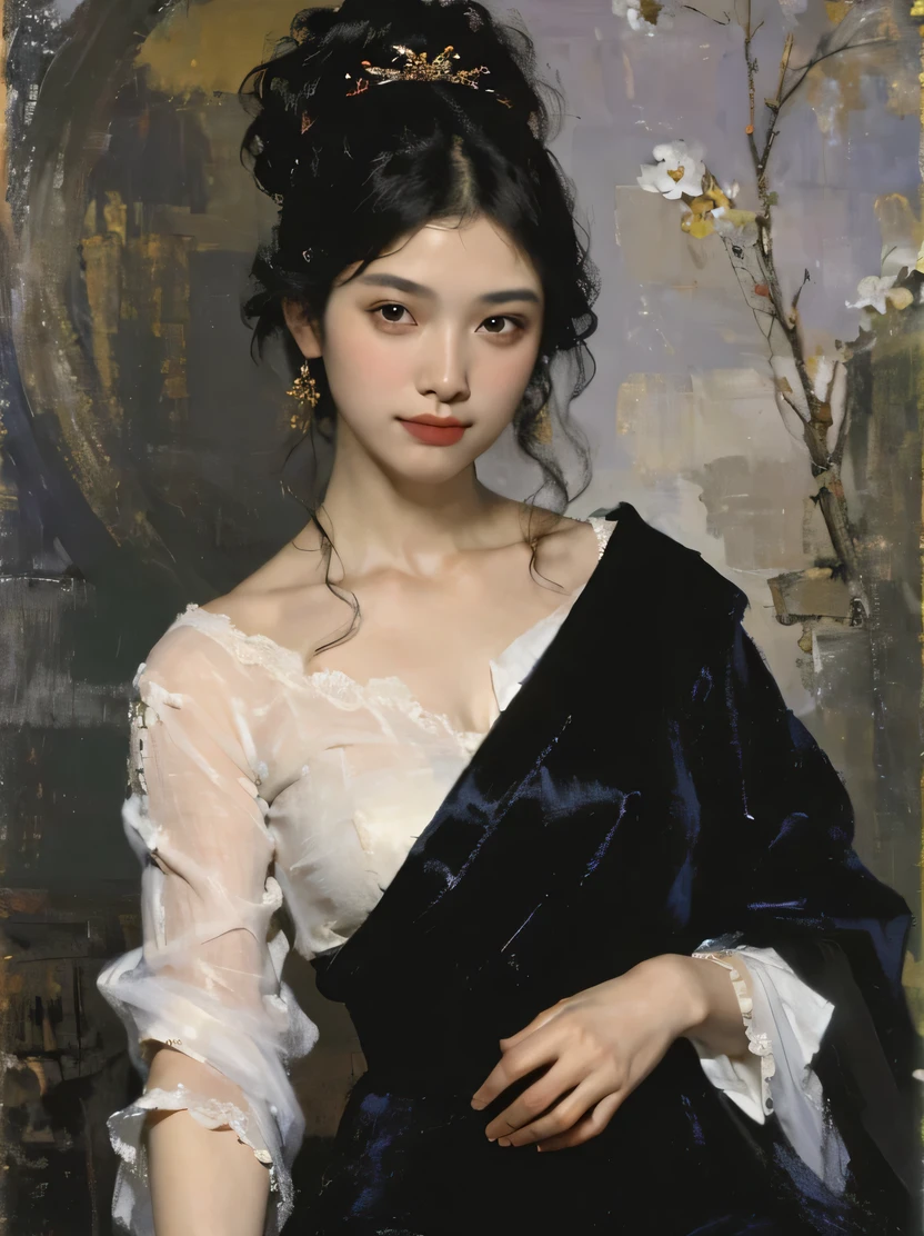 ((masterpiece、highest quality、Super fine、High resolution、sharp focus、cinematic lighting))、((1 female、bust shot))、Woman with long black hair、Westerners、exquisite features、chignon、hairpin、red cheongsam、Plain wall background、((renaissance classic oil painting style))、put your hands on your hips、Sitting on a stool、((Looking at the audience、Detailed hand depiction))、Fechin、oil painting