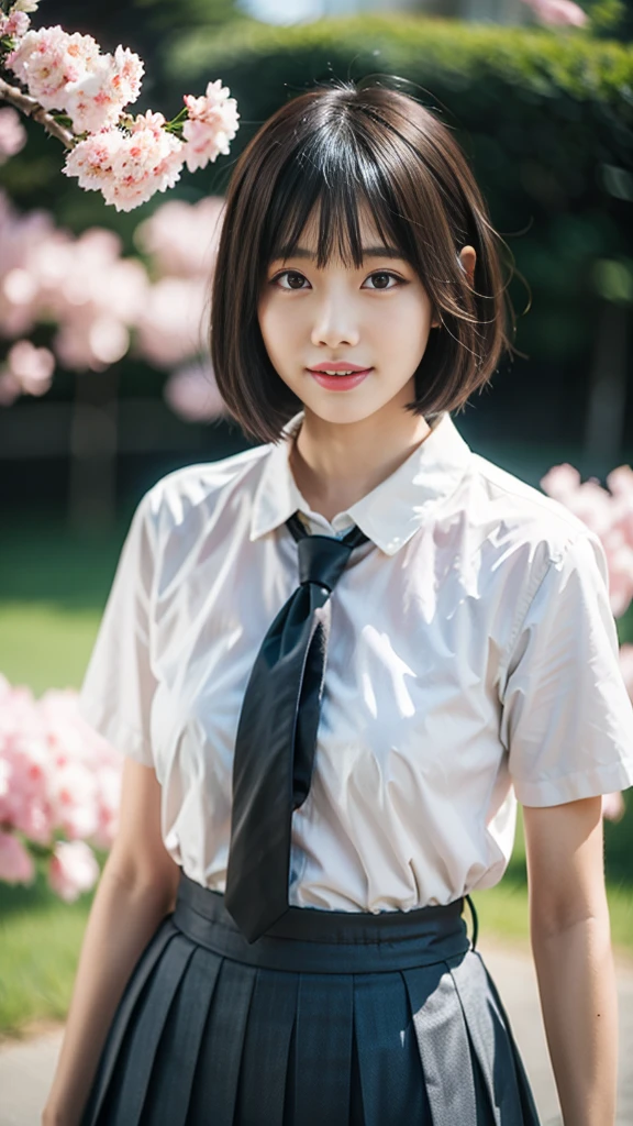 Close-up of a woman posing for a photo, the most beautiful japanese models, 17 year old female model, 4k、bangs、(blonde), short bob hair, 非対称なbangs, straight hair、(white shirt, red tie , dark blue pleated skirt:1.2),　(Super cute face with idol style:1.4), whole body, slim and beautiful body, sexy, beautiful breasts, laughter, The background is a row of cherry blossom trees, (Raw photo, highest quality, masterpiece, super detailed, ultra high resolution, realistic),