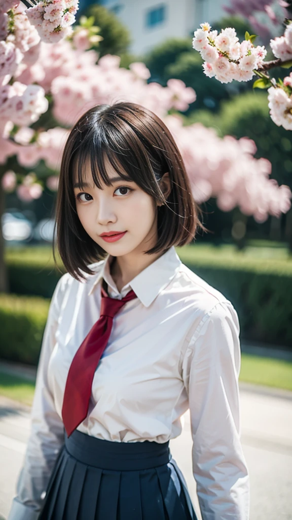 Close-up of a woman posing for a photo, the most beautiful japanese models,  female model, 4k、bangs、(blonde), short bob hair, 非対称なbangs, straight hair、(white shirt, red tie , dark blue pleated skirt:1.2),　(Super cute face with idol style:1.4), whole body, slim and beautiful body, sexy, beautiful breasts, laughter, The background is a row of cherry blossom trees, (Raw photo, highest quality, masterpiece, super detailed, ultra high resolution, realistic),