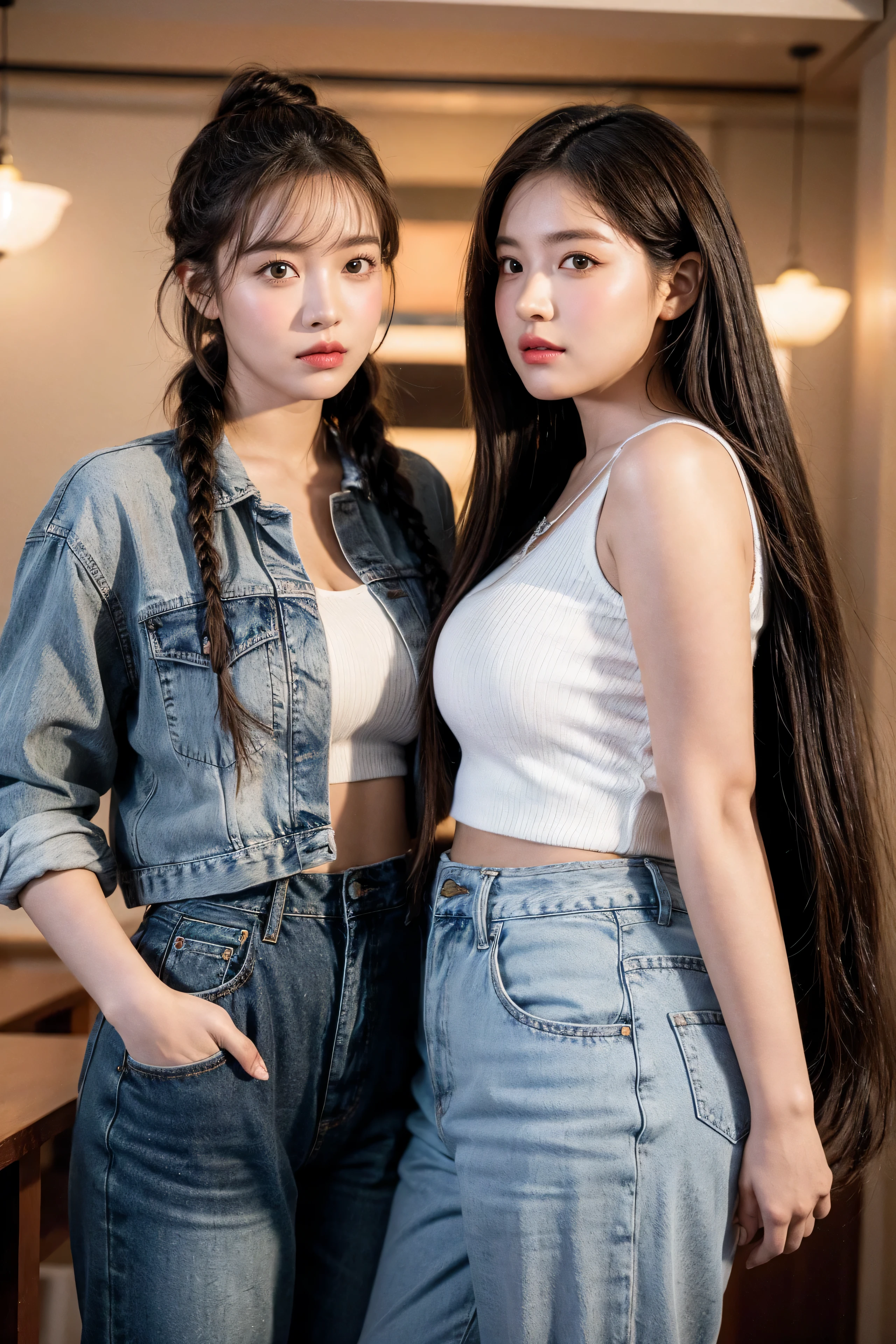 The proportions are the same for all races, All faces and pictures must be different,(ulzzang-6500-v1.3,pureeroface_v1,octane rendering),elegant pose,xxmix girl women, High level of image quality、Like a shot with an SLR、Super detailed illustration of two women, Duo,sisterhood ,sitted,Petting the,closeup portrait,hugs,strabismus:1.4,Depicting the eternal beauty and spirit of two women in 1990. they have a braided hairstyle as used to be in the 80's with lots of thin braids. They wore low-rise jeans and crop tops, 90s clothes. environment in the 1990s, Ms. Schiffer's work. _movie lighting_v2
