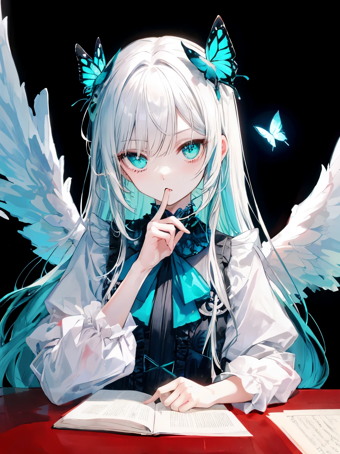 highest quality、table top、Super detailed、perfect face、very detailed、very delicate、1 boy, (scared), Angel, blanche髪、long hair、Gorgeolanche&#39;Hello), dark, shining eyes, light green eyes, Angel wings,  holy, , blancheのチュニック, 2対のblanche angel wings, full of confidence,  please keep your mouth shut、expressive eyes, colorful eyes, contrast, shadowy, table top, digital art, shining eyes, intimidating, damaged, devilish, abstract background, blanche, black and teal、両手にblancheく輝く星を浮かばせる、fear、A light blue butterfly dances