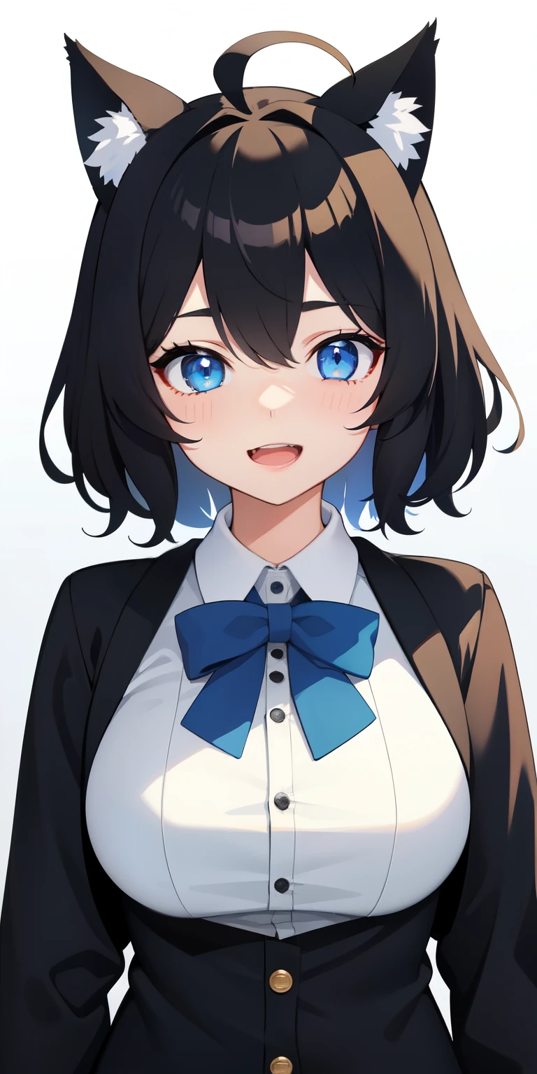 highest quality, masterpiece, looking at the viewer, 1 girl, smile, Open mouth、Virtual YouTuber、with a girl、((highest quality, expensive_solve, clear_image)),(black hair), (black cat ears), (Ahoge), (ridiculously short hair), (wavy hair), (blue eyes),、anxious face、very big breasts、wore a cardigan、whole body