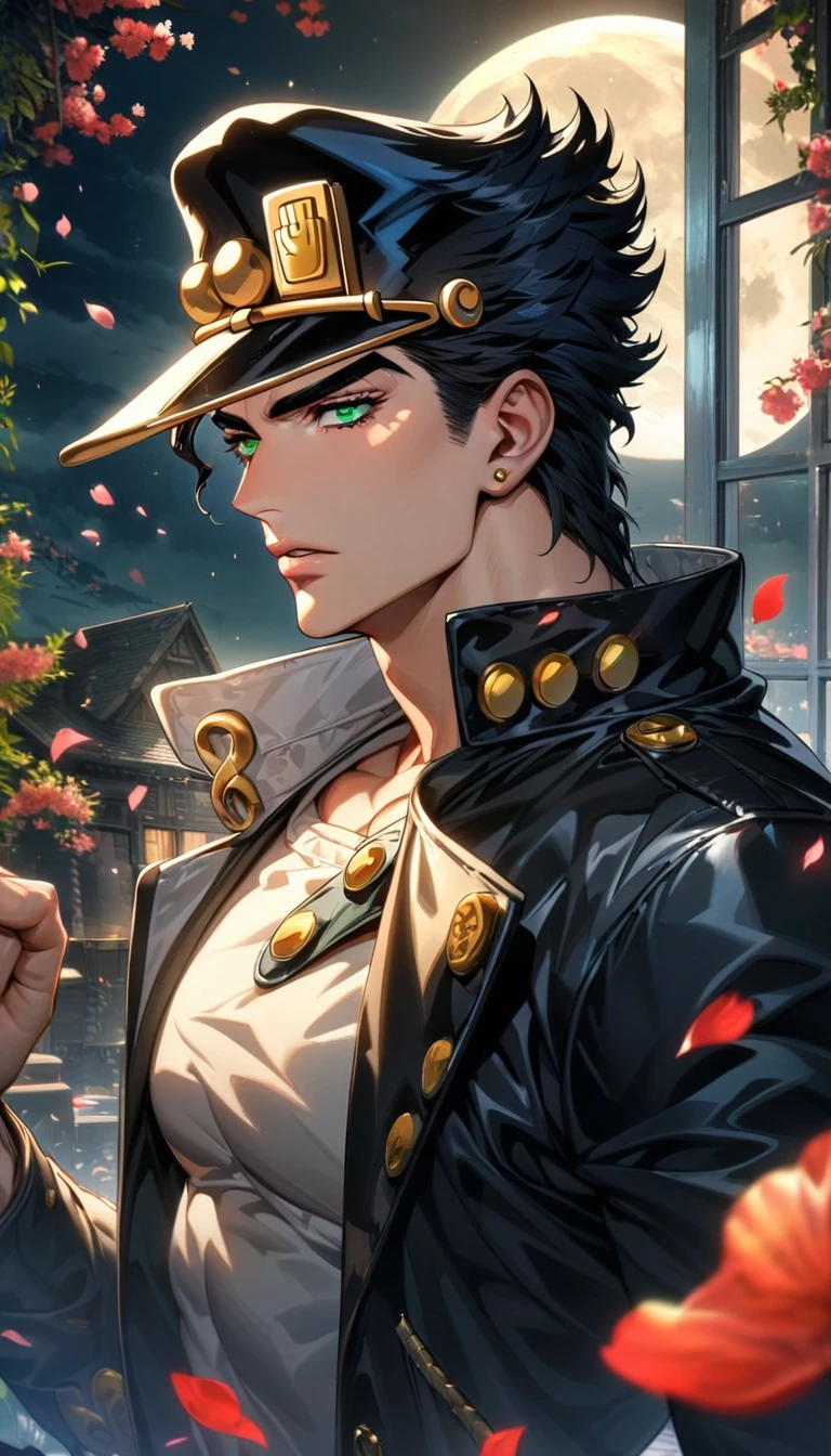 (absurdres, highres, ultra detailed, HDR), master piece, best quality, vibrant green eyes, Jotaro Kujo, black hair, black hat, 1man, handsome, Jojo bizarre adventure, black leather coat, moon, petals, window