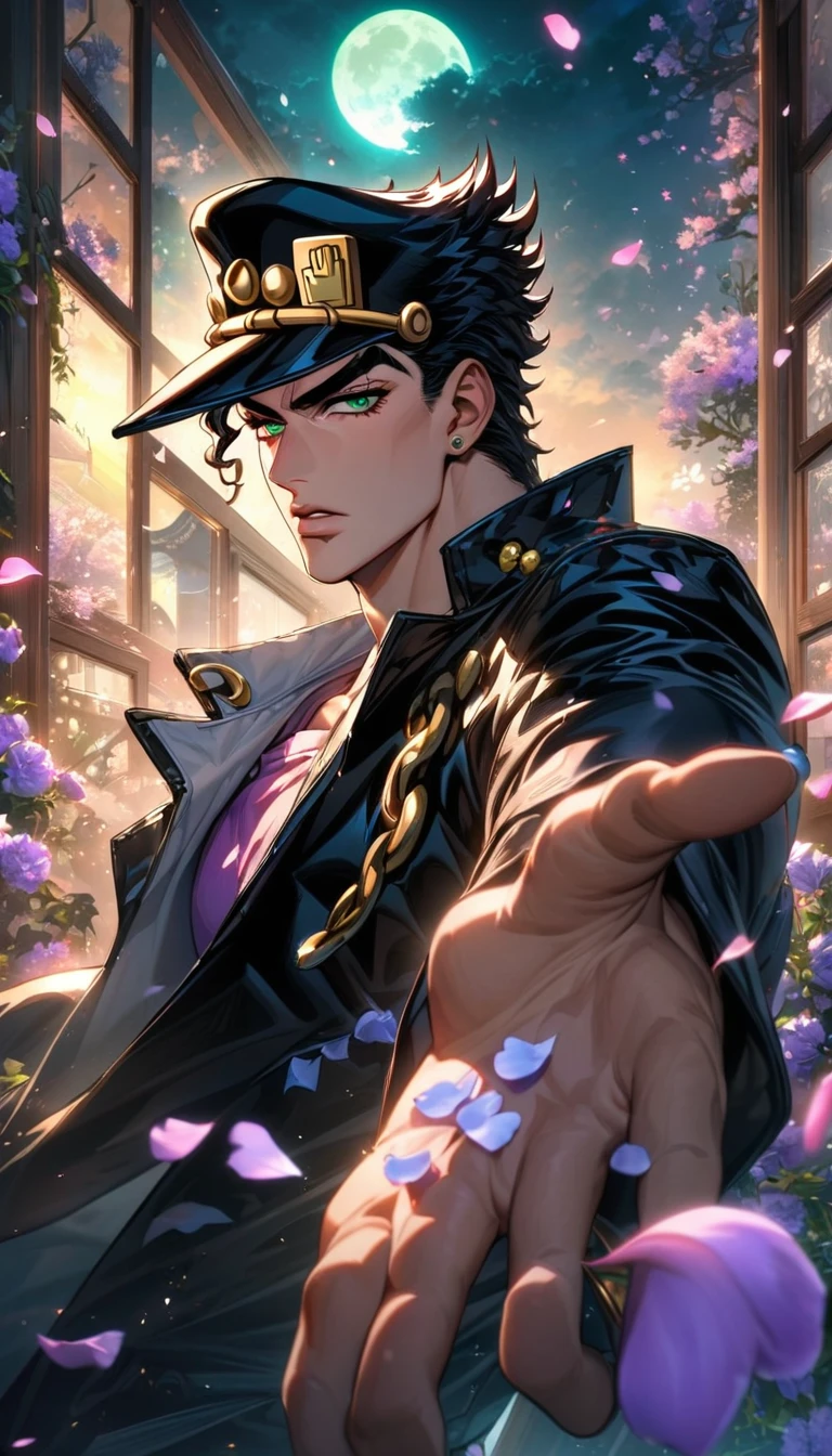 (absurdres, highres, ultra detailed, HDR), master piece, best quality, vibrant green eyes, Jotaro Kujo, black hair, black hat, 1man, handsome, Jojo bizarre adventure, black leather coat, moon, petals, window