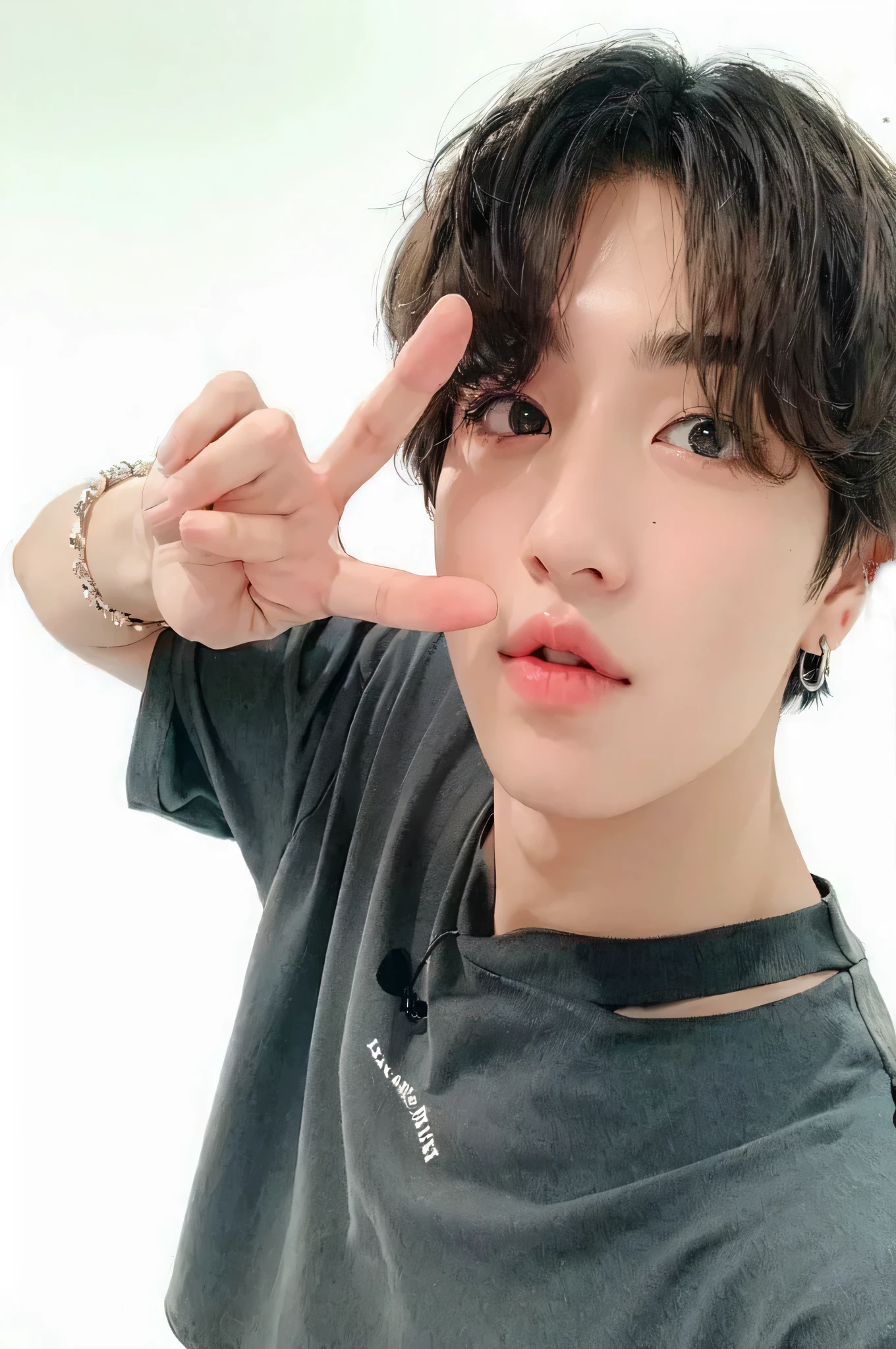 Hay un joven haciendo un signo de paz con los dedos, jungkook, jinyoung shin, hyung tae, Cai Xu Kun, pale korean adorable face, kim taejin, young pale angel, Hong June Hyung, kim doyoung, Jaeyeon Nam, Shin Jeongho, yoongi de pelo negro, with the index finger, diez lee, Jung Jaehyun, aesthetic jinyoung pimple