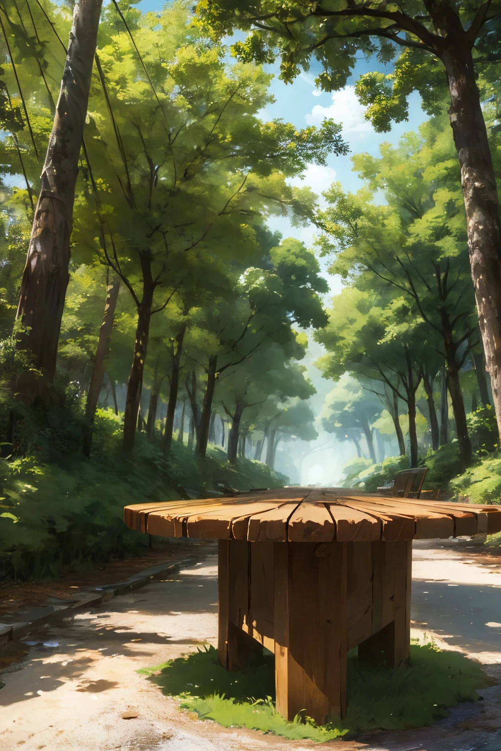 (trunk table) (forest) ((many trees)) (anime ghibli)