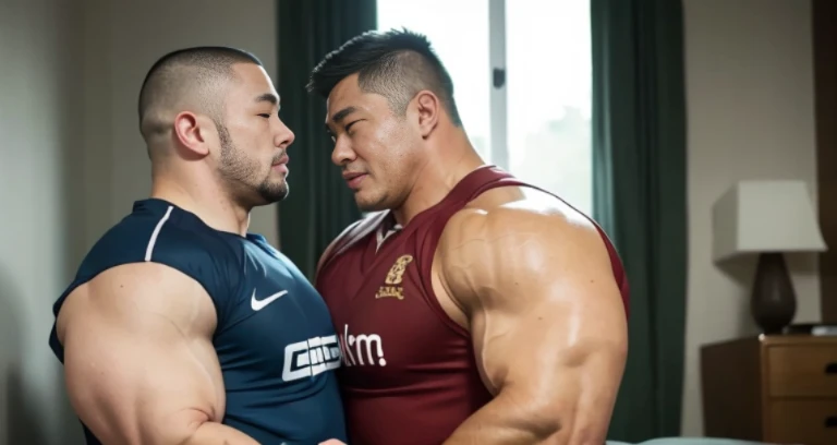 kissing, inside bed room, facing each other, (rugby uniform:1.2), Japanese man, Chinese man, Korean man, Taiwanese man, manly face, round face, monolid eyes, (buzz cut:1.4), very large and strong body, bulging muscles, very large pectoral muscles, muscular arms, muscular abs, muscular legs, muscular back, brightens oily skin, master piece, realistic, panorama, distant view