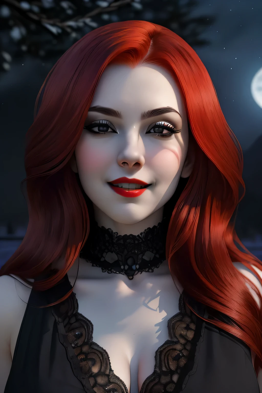 (portrait shot, ((vivid red hair)), european face, sexy, mature woman, 30 years old, diamond face, moonlight, red starry sky background, depth of field, magic, big red lips, ((dark black eyes)) black and red long and full dress, covered chest, mystical atmosphere, ominous shadows, Intense blue aura, Intense red aura (best quality:1.2), absurdres, intricate details, (highly detailed skin:1.2), smile expression, posing, taut and well defined body, attractive. Highly realistic, pale skin, beautiful, hyperrealism, skin very elaborated, direct gaze
