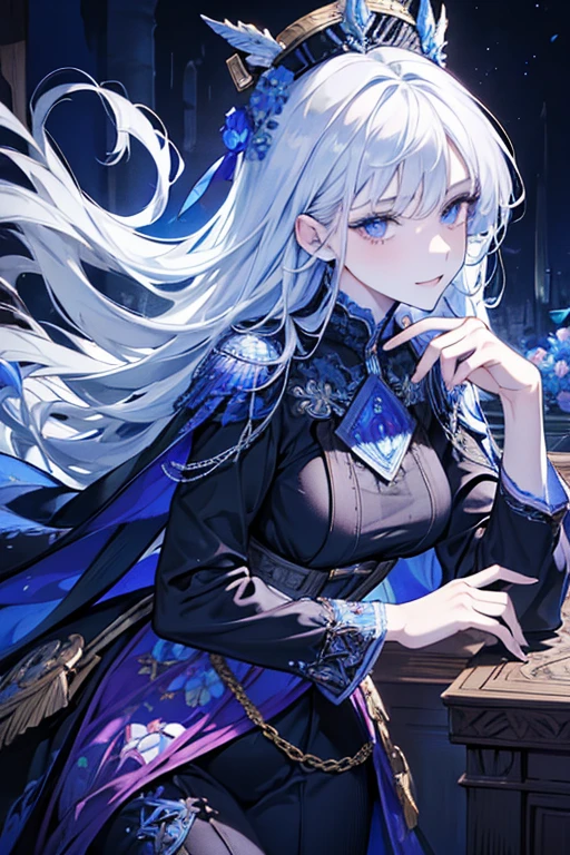 (absurdres, highres, ultra detailed), 1 female, adult, beautiful, tall woman, broad shoulders, finely detailed eyes, light color hair, fantasy, complex pattern, detailed face, throne, magic effect, best ratio four finger and one thumb, ice, bitter cold, cold snap, smile, (dutch angle), closed mouth