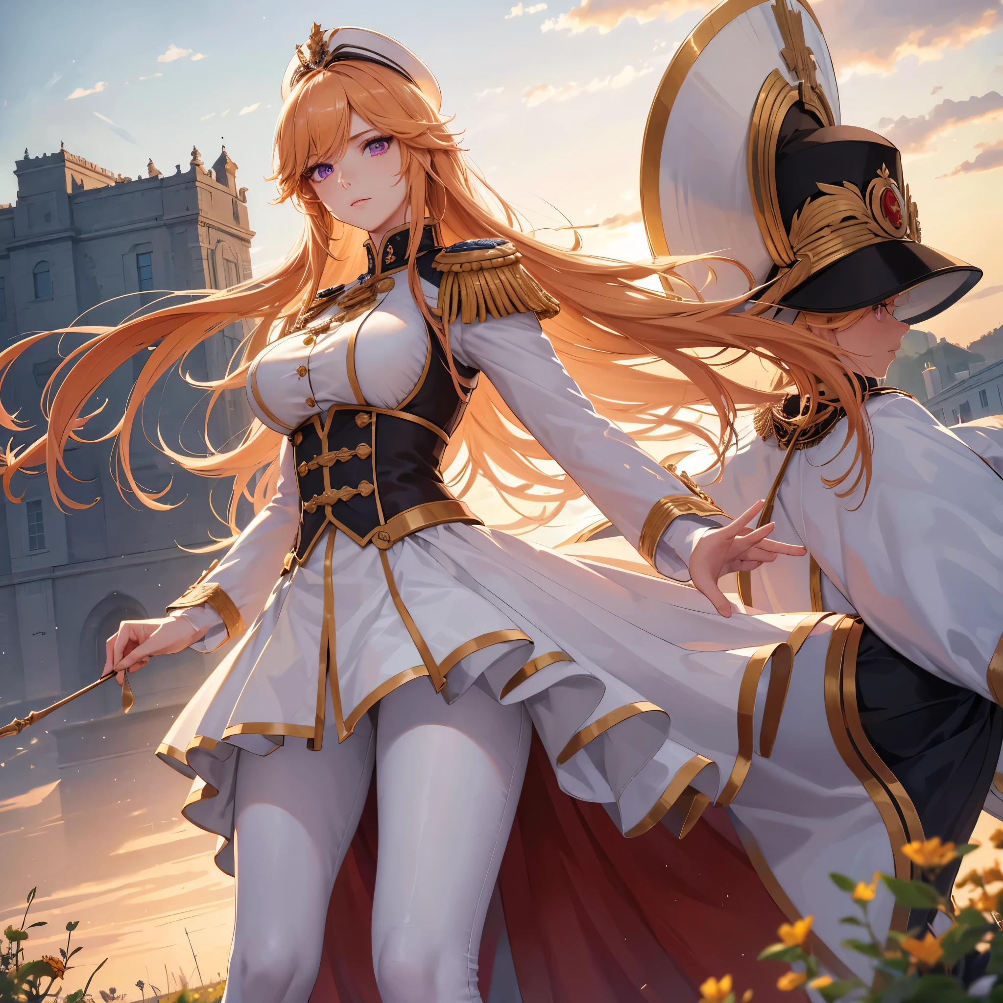 (best quality,4k,8k,highres,masterpiece:1.2),ultra-detailed,(realistic,photorealistic,photo-realistic:1.37),HDR,UHD,studio lighting,ultra-fine painting,sharp focus,physically-based rendering,extreme detail description,professional,vivid colors,bokeh,Portraits,A woman wearing a blue Napoleonic army uniform,golden decorative buttons, ornate epaulettes, and intricate military insignia,tight white pants that accentuate her slender figure. She walks with confidence and pride,black boots polished to a mirror-like shine. Her official Napoleonic style hat sits perfectly atop her head,matching the uniform in a crisp shade of blue. Her long orange hair flows freely, catching the wind as she gazes into the distance, the vibrant locks adding a touch of warmth and energy to the scene. Her captivating purple eyes are filled with determination and a hint of mischief. They sparkle with intelligence and depth. The open agricultural field stretches far and wide, bathed in the soft glow of the setting sun. The gently swaying grass and vibrant flowers create a picturesque backdrop. The woman stands tall and graceful, her presence commanding attention. She exudes strength and elegance, a symbol of power and beauty. The combination of her striking appearance and the idyllic setting creates a sense of intrigue and wonder. The color palette is rich and varied, with deep blues and vibrant oranges dominating the scene. The lighting is natural and warm, casting soft shadows that define the woman's features and accentuate the depth of the landscape. The overall composition is balanced and harmonious, capturing the essence of both the Napoleonic era and the beauty of nature.