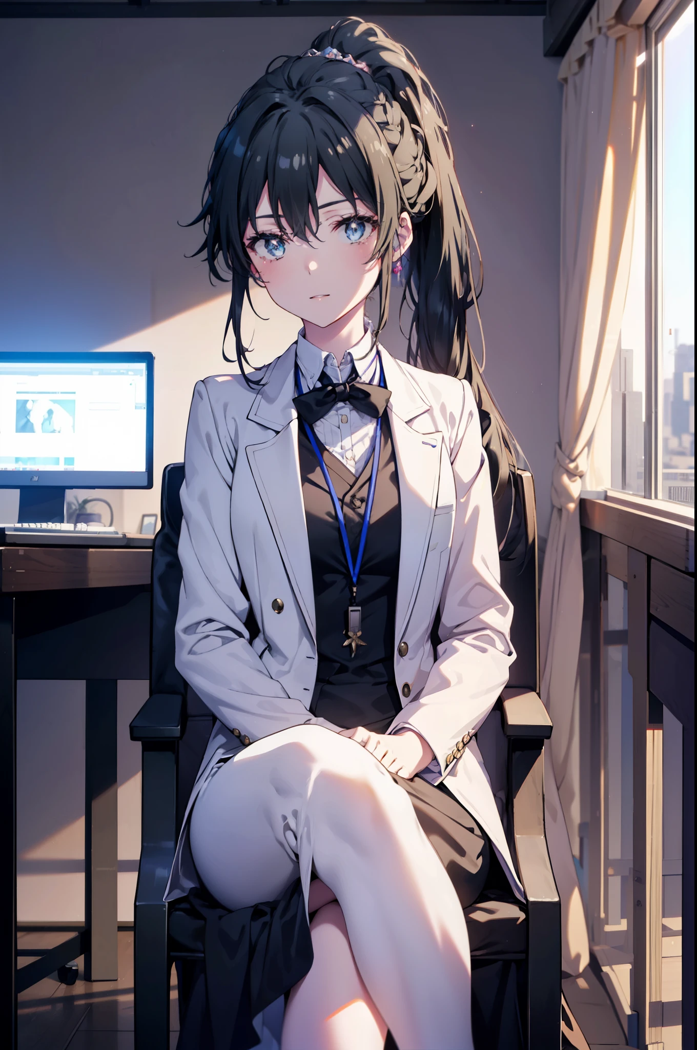 yukinoyukinoshita, yukino yukinoshita, black hair, blue eyes, long hair,short braided hair,ponytail, Ahoge,OL, happy smile, smile, open your mouth,Black Abyss glasses, end, black suit jacket, collared jacket, white dress shirt, collared shirt, neckline, button, strap, ID card on the neck, black pencil skirt, black pantyhose,stiletto heels,Sit on a chair with your legs crossed,There is a computer on the desk.,touch typing,So that the whole body is included in the illustration,
break outdoors, city,building street,
break looking at viewer, (cowboy shot:1.5),
break (masterpiece:1.2), highest quality, High resolution, unity 8k wallpaper, (shape:0.8), (fine and beautiful eyes:1.6), highly detailed face, perfect lighting, Very detailed CG, (perfect hands, perfect anatomy),