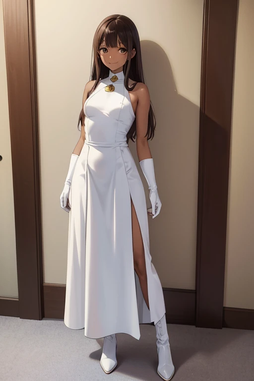 anime picture、Full body portrait、White One Piece Dress、A 34-year-old dark-skinned woman, about 160cm tall.、gentle smile、medium brown hair、long skirt、flat chest、gloves、arm guard、boots