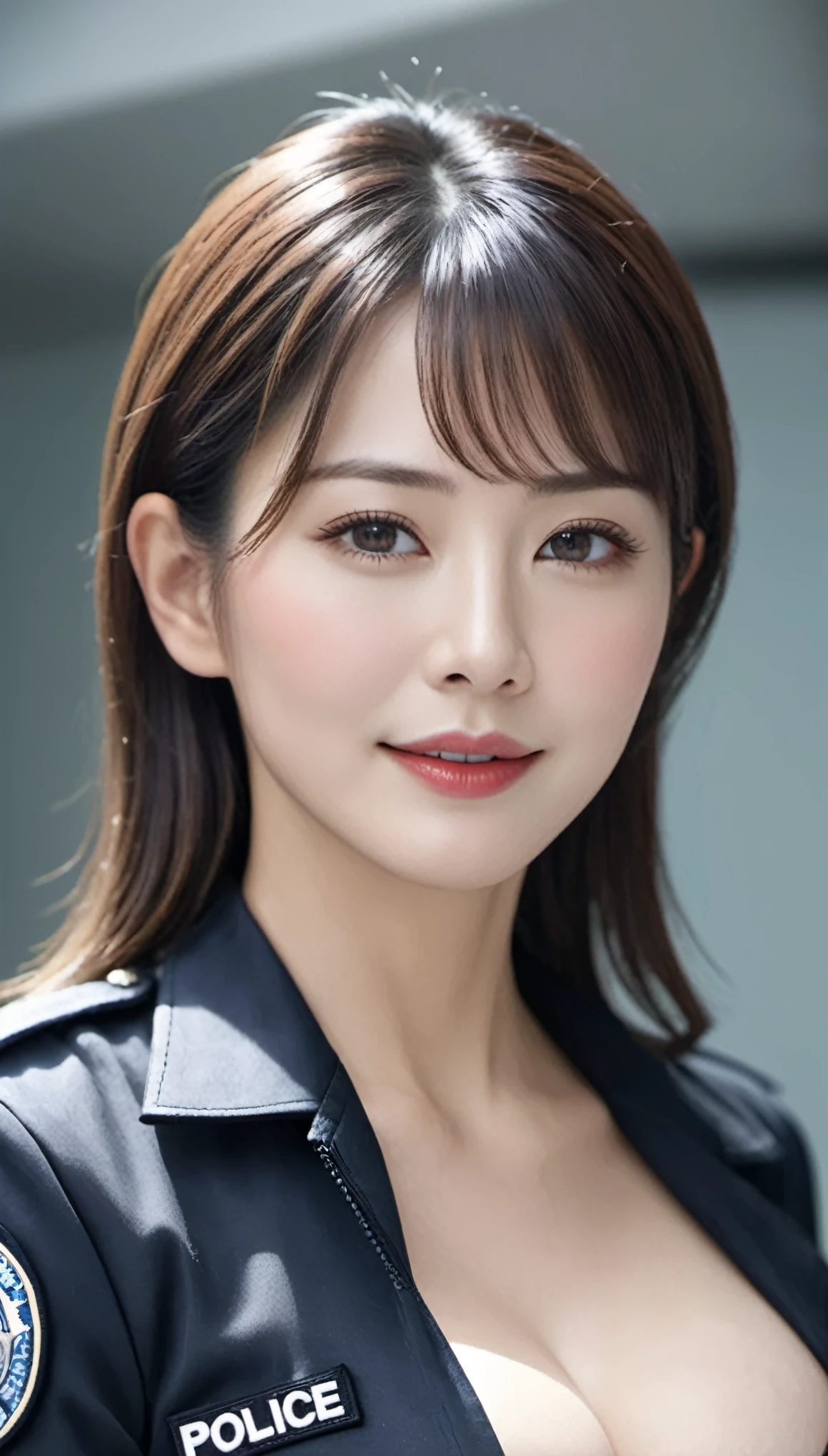 (hyper real)、super futuristic female police officer、(((Beautiful woman))) High level image quality High resolution realistic (((Wearing a police officer's uniform)))、short hair、(((big big tits)))、blonde busty woman、mature busty woman、Middle Aged Big Woman、(((すごくbig big tits)))、(((Big big cleavage))),,,,,,、Fine skin texture、超High resolution、realistic、Beautiful smile、beauty of middle age、beautiful expression、detailed skin texture、fine brown eyes、fluffy long hair、非常に繊細でFine skin texture、35old female police officer、(((big big tits)))、(((I'm in a huge futuristic computer lab)))、big breasted female police officer、red lips、(one person)、