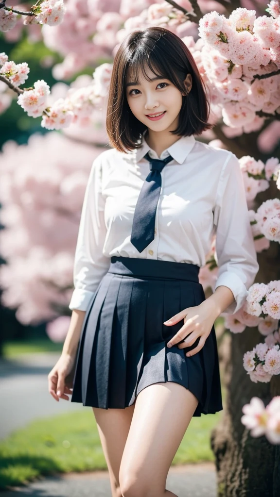 Close-up of a woman posing for a photo, the most beautiful japanese models, 17 year old female model, 4k、bangs、(blonde), short bob hair, 非対称なbangs, straight hair、(white shirt, red tie , dark blue pleated skirt:1.2),　(Super cute face with idol style:1.4), whole body, slim and beautiful body, sexy, beautiful breasts, laughter, The background is a row of cherry blossom trees, (Raw photo, highest quality, masterpiece, super detailed, ultra high resolution, realistic),