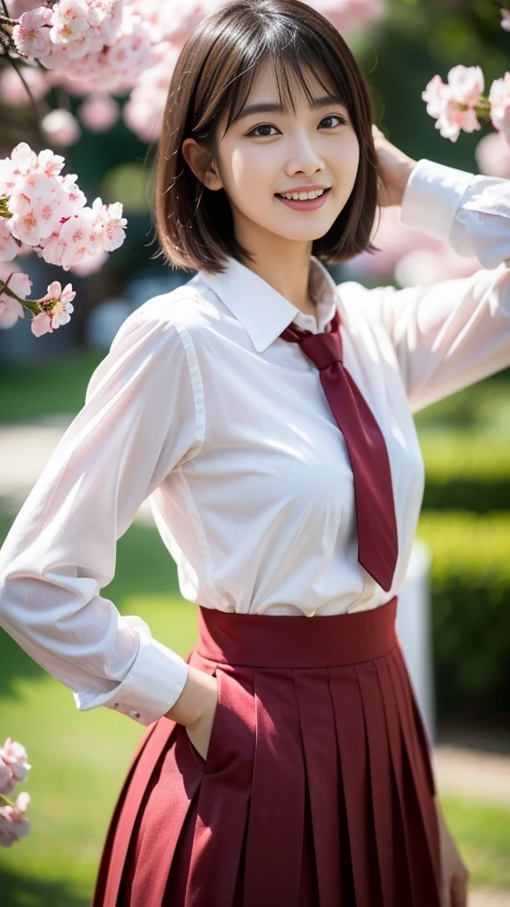 Close-up of a woman posing for a photo, the most beautiful japanese models, 17 year old female model, 4k、bangs、(blonde), short bob hair, 非対称なbangs, straight hair、(white shirt, red tie , dark blue pleated skirt:1.2),　(Super cute face with idol style:1.4), whole body, slim and beautiful body, sexy, beautiful breasts, laughter, The background is a row of cherry blossom trees, (Raw photo, highest quality, masterpiece, super detailed, ultra high resolution, realistic),