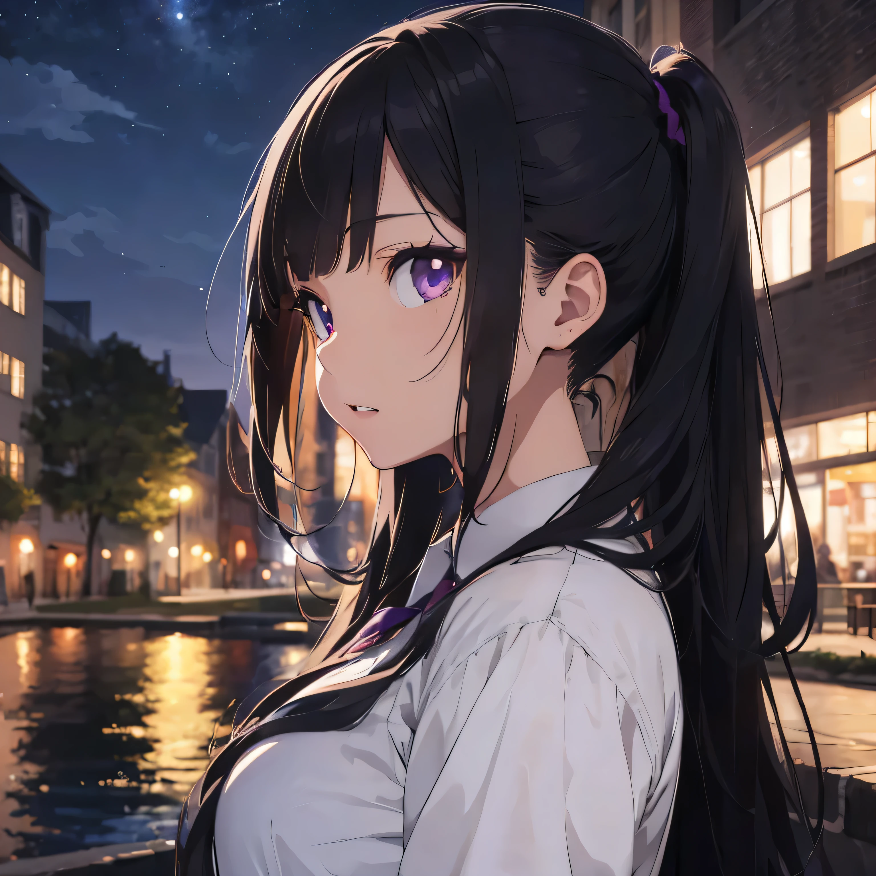 beautiful girl , anime, purple eyes, Long black hair, school clothes, city park background, night atmosphere, detailed face, looking at camera, portrait, 8K, ultra HD, high quality, detailed hair, detailed eye, high detailed.