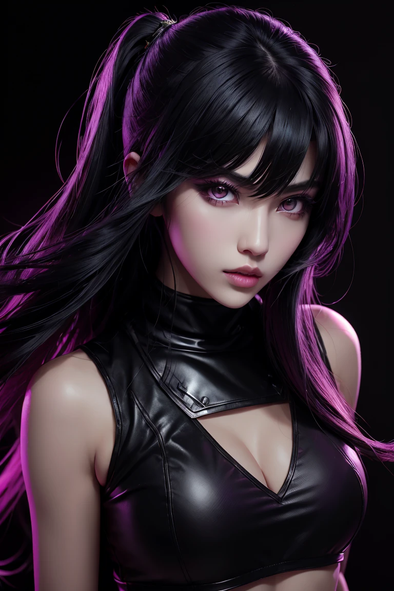 1girl, akali, kda, akali league of legends, star eye, blush, perfect illumination, black hair, red eyes, unreal engine, sidelighting, detailed face, bangs, bright skin, simple background, dark background, purple light rim