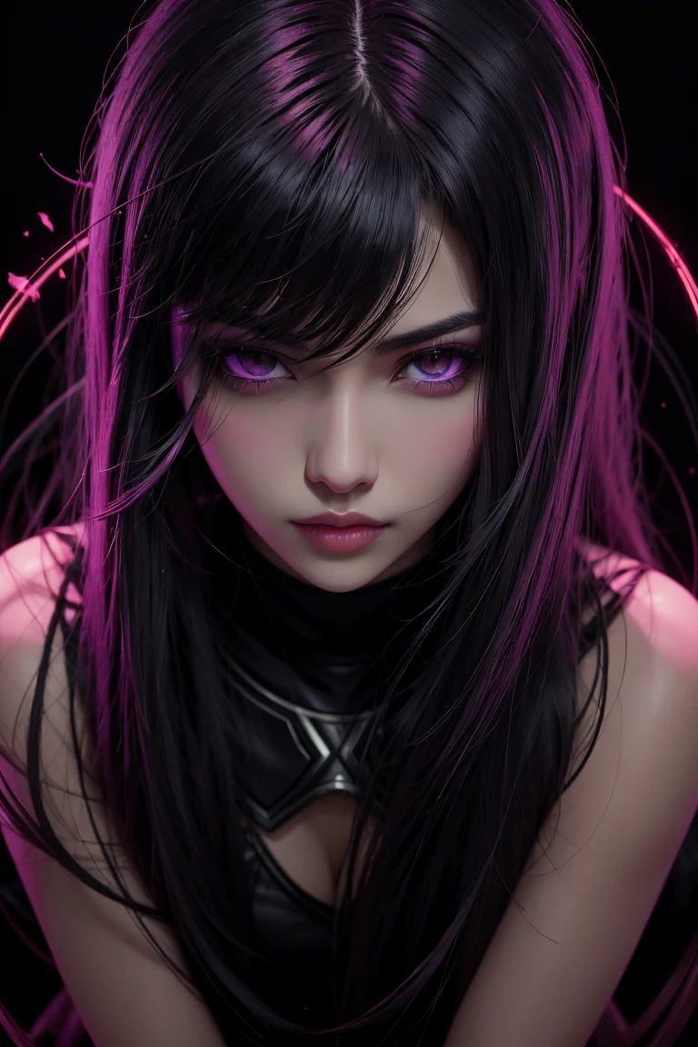 1girl, akali, kda, akali league of legends, star eye, blush, perfect illumination, black hair, red eyes, unreal engine, sidelighting, detailed face, bangs, bright skin, simple background, dark background, purple light rim