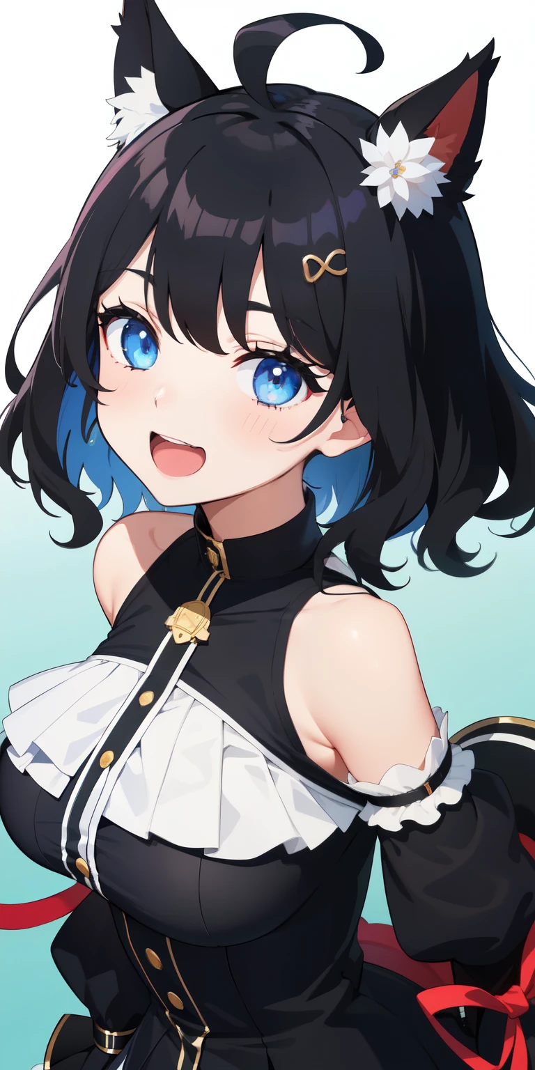 highest quality, masterpiece, looking at the viewer, 1 girl, smile, Open mouth、Virtual YouTuber、with a girl、((highest quality, expensive_solve, clear_image)),(black hair), (black cat ears), (Ahoge), (ridiculously short hair), (wavy hair), (blue eyes),、anxious face、very big breastenhera、whole body