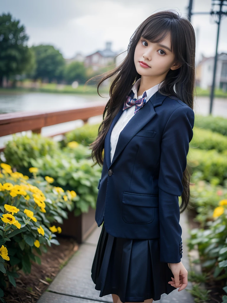 (masterpiece, highest quality:1.4), award-winning portraits, 8K, 85mm, alone, beautiful face, delicate girl, , (dark navy blazer jacket, turn your arms behind your back, close your face:1.2), dark navy skirt, long sleeve, violaces, gardenia, grace, Sophisticated, cute, teen, looking at the viewer, , Raw photo, disorganized, HDR, sharp focus, A bow tie, background bokeh、(((flat 、thin and delicate body、A childish atmosphere)))、shiny semi-long hair、Mole on the left cheek、large, round, dark blue eyes、(knee shot)、the skirt is swaying in the wind、((Uplifting、come running to me、hair waving in the wind))、