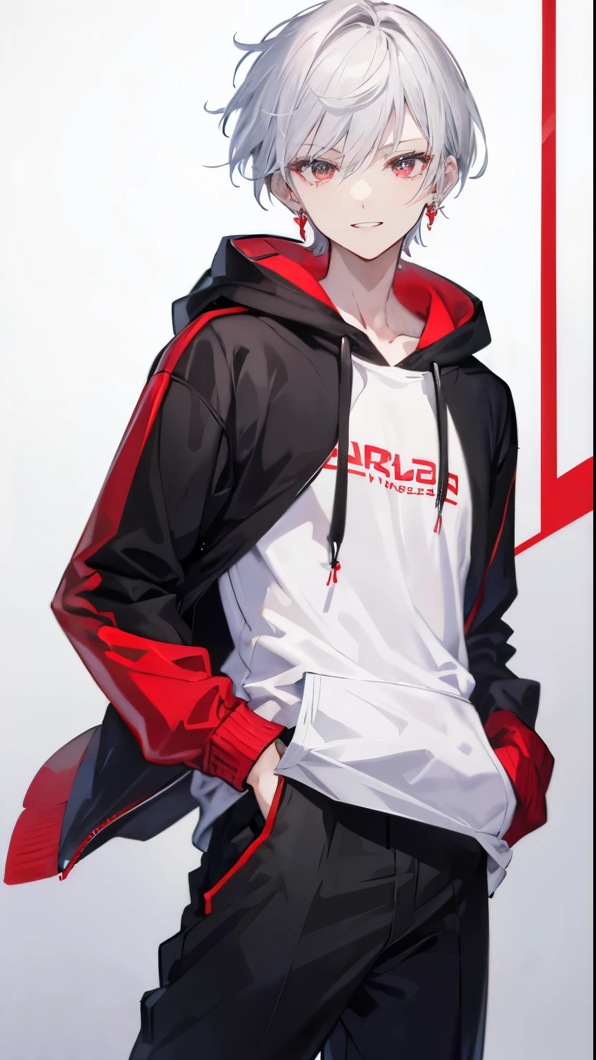 High resolution, 2D anime style,,cool men,red eyes,short hair,silver hair,Fashion wearing a hoodie,Beautiful watch,beautiful earrings,he is smiling a little,