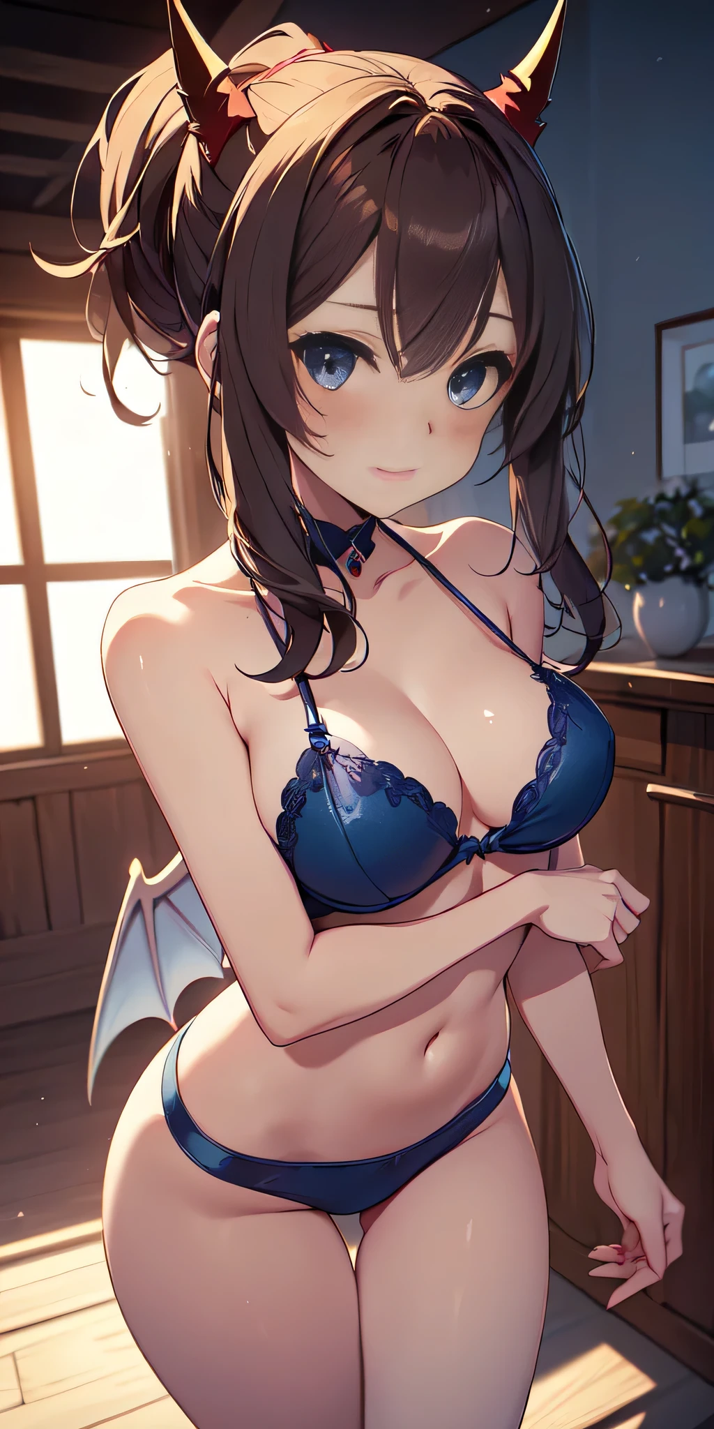 (large demon wings the size of her body), 1 demon girl, bright yellow crystal eyes whit , demon horns, demonic tail, long light blue hair, bewitching smile, (lips parted), hair ornaments, provocative blue clothes, (Flying like an owl when hunting), approaching the roof, blue night, 18 years old, sharp focus, looking at the roof, cowboy photo, very sexy girl, sexy hunting pose, (blueberry theme: 1.1) , (blue tone: 1.1), illustration),all realistic intricate details: "(solo, cute, brown hair, blue eyes, medium breasts, firm breasts, symmetrical face, short drees, very sexy)" random angle