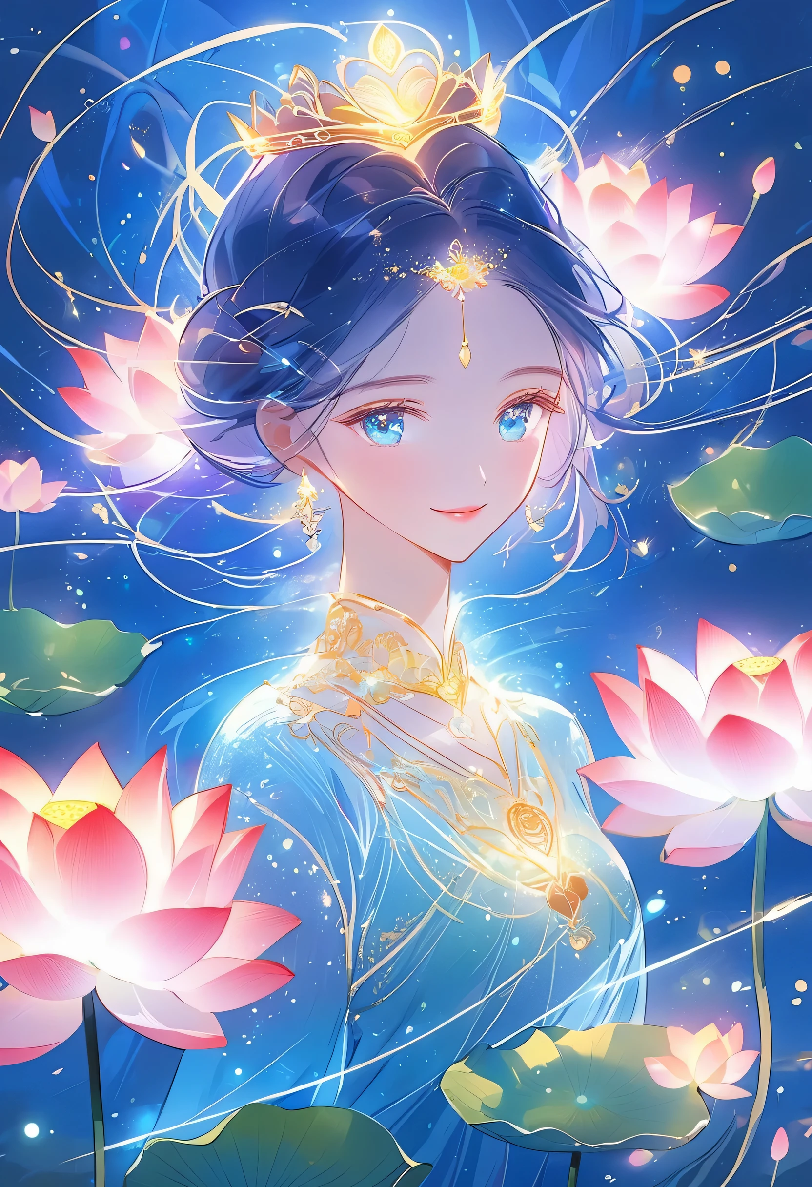 (masterpiece, best quality:1.2), In digital art style, charming illustration,peaceful picture,Ethereal beauty,Spiritual energy emanates, Godssess, beautiful eyes,lotus crown,tall lotueditate,alone,body glow,Glowing lines,fluorescence, glow example,Example tracking,flash,萤light particles,Backlight,Translucent,light particles, Correct human anatomy. Goddess of mercy and beauty, kind smile, gentle eyes.