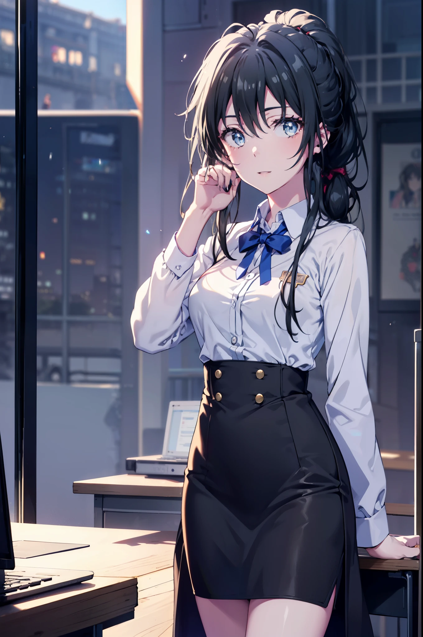 yukinoyukinoshita, yukino yukinoshita, black hair, blue eyes, long hair,short braided hair,ponytail, Ahoge,OL, happy smile, smile, open your mouth,Black Abyss glasses, end, black suit jacket, collared jacket, white dress shirt, collared shirt, neckline, button, strap, ID card on the neck, black pencil skirt, black pantyhose,stiletto heels,Sit on a chair with your legs crossed,There is a computer on the desk.,touch typing,So that the whole body is included in the illustration,
break outdoors, city,building street,
break looking at viewer, (cowboy shot:1.5),
break (masterpiece:1.2), highest quality, High resolution, unity 8k wallpaper, (shape:0.8), (fine and beautiful eyes:1.6), highly detailed face, perfect lighting, Very detailed CG, (perfect hands, perfect anatomy),