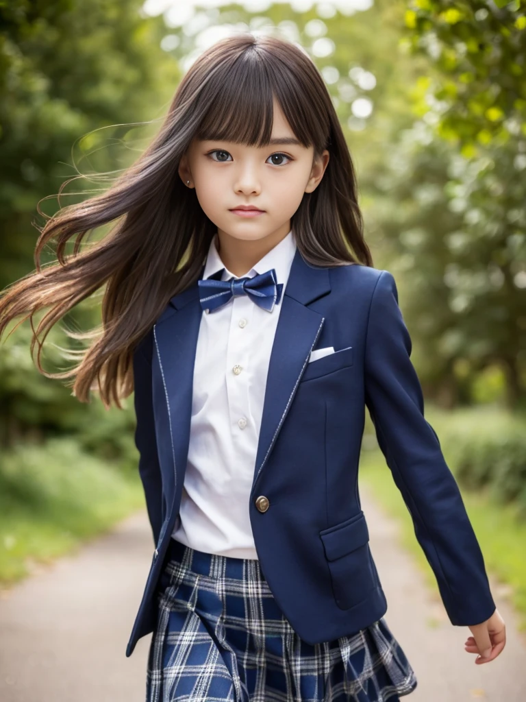 (masterpiece, highest quality:1.4), award-winning portraits, 8K, 85mm, alone, beautiful face, delicate girl, , (dark navy blazer jacket, turn your arms behind your back, close your face:1.2), dark navy skirt, long sleeve, violaces, gardenia, grace, Sophisticated, cute, teen, looking at the viewer, 15 years old, Raw photo, disorganized, HDR, sharp focus, A bow tie, background bokeh、(((flat 、thin and delicate body、A childish atmosphere)))、shiny semi-long hair、Mole on the left cheek、large, round, dark blue eyes、(knee shot)、the skirt is swaying in the wind、((Uplifting、come running to me、hair waving in the wind))、