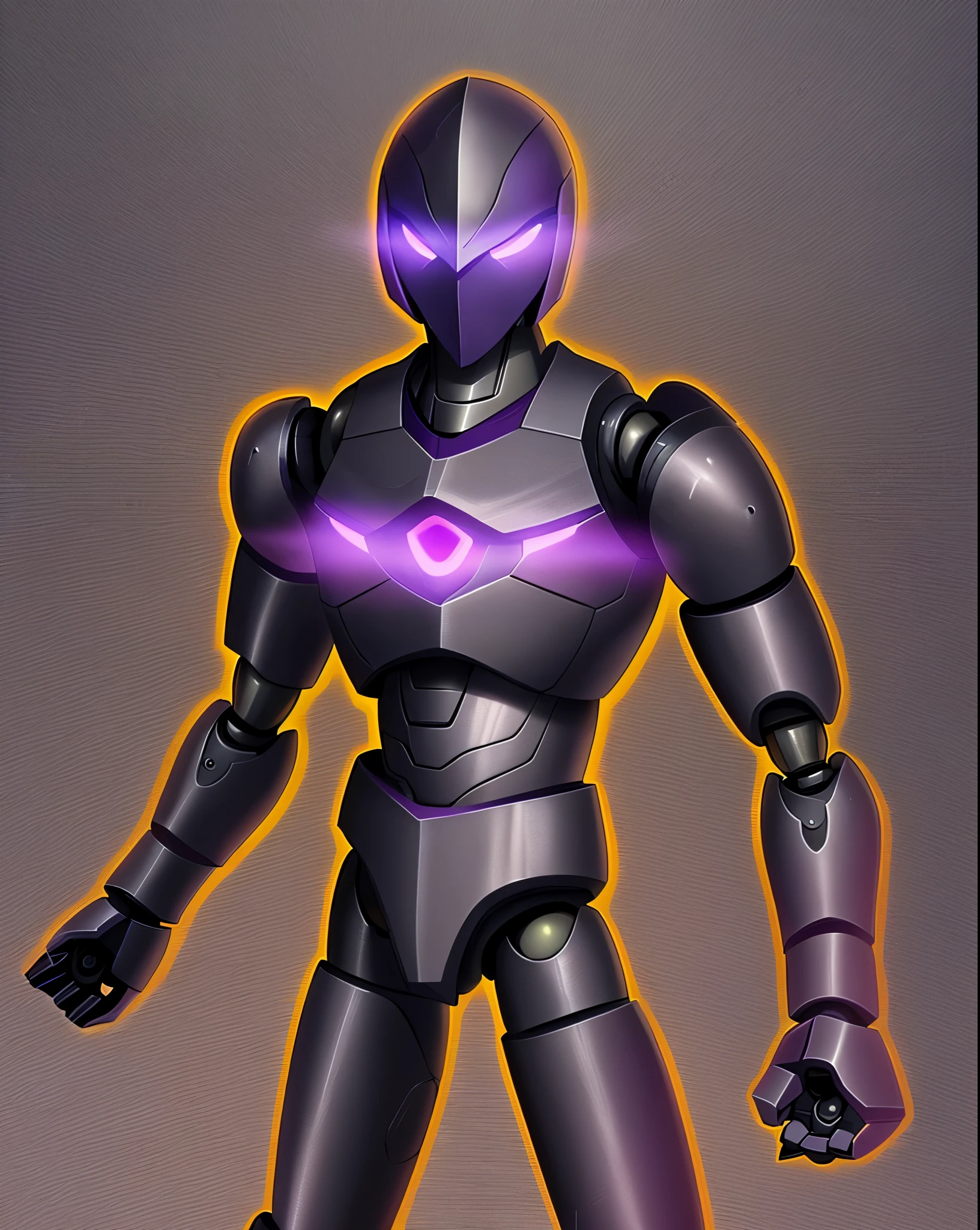 Evening background, black iron robot, doll robot, high performance, high quality, armed, sharp armed, thick armor, eyes purple, glowing purple, sharp eyes, rogue robot, sky in background,