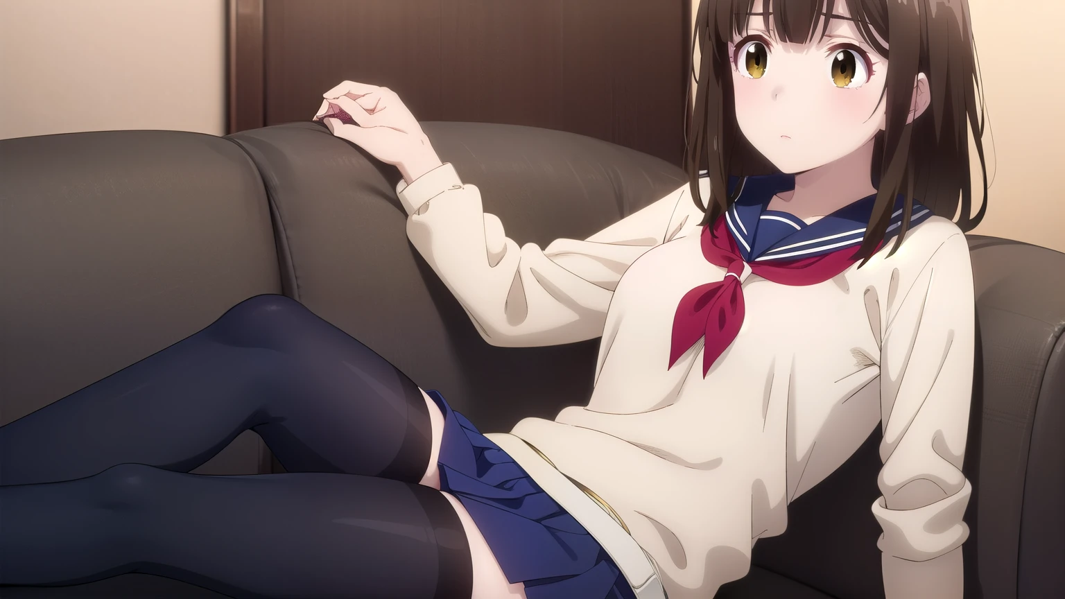 ayuogiwara, Sayu Ogiwara, brown hair, (brown eyes:1.5), medium hair, break ,nsfw, 1 girl, {{surgical mask}}, school uniform/serafuku, pleated skirt, sitting on sofa, {showing underwear}, contemptuous, disdain, white thighhighs, {{{{younger}}}}, {{slender}}, black medium hair, shiny hair, yellow eyes, medium breasts, indoor, {{train}}, {cowboy shot}, {{looking to the front}}, from outside, {{solo focus}}, {{perfect face}}, {{perfect anatomy}}, intricate, (highly detailed),