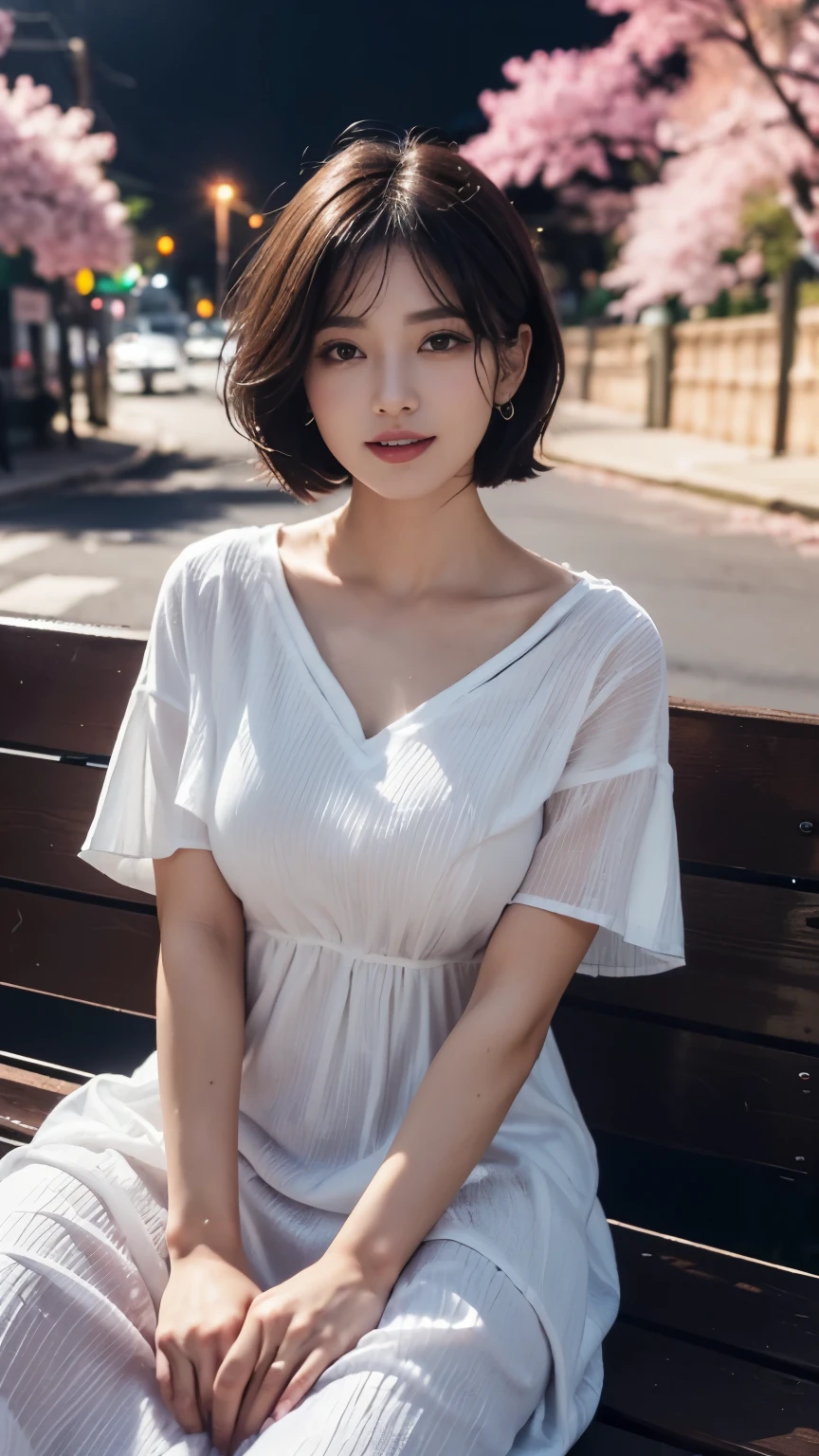 ((best quality, 8 thousand, masterpiece:1.3)), Concentrate upon: 1.2, bee waist, perfect body beauty:1.4, ((layered haircut:1.2)), Highly detailed face and skin texture, White skin, whole body, see it, the gap is big., big bust, Volume, laugh, beautiful teeth, (반팔 long dress t-shirt:1.3), sagging breasts, big bust, (dark night with no one), (dark cherry blossom street:1.3), (sit down), (alone:1.2), long dress t-shirt, (V-neck),