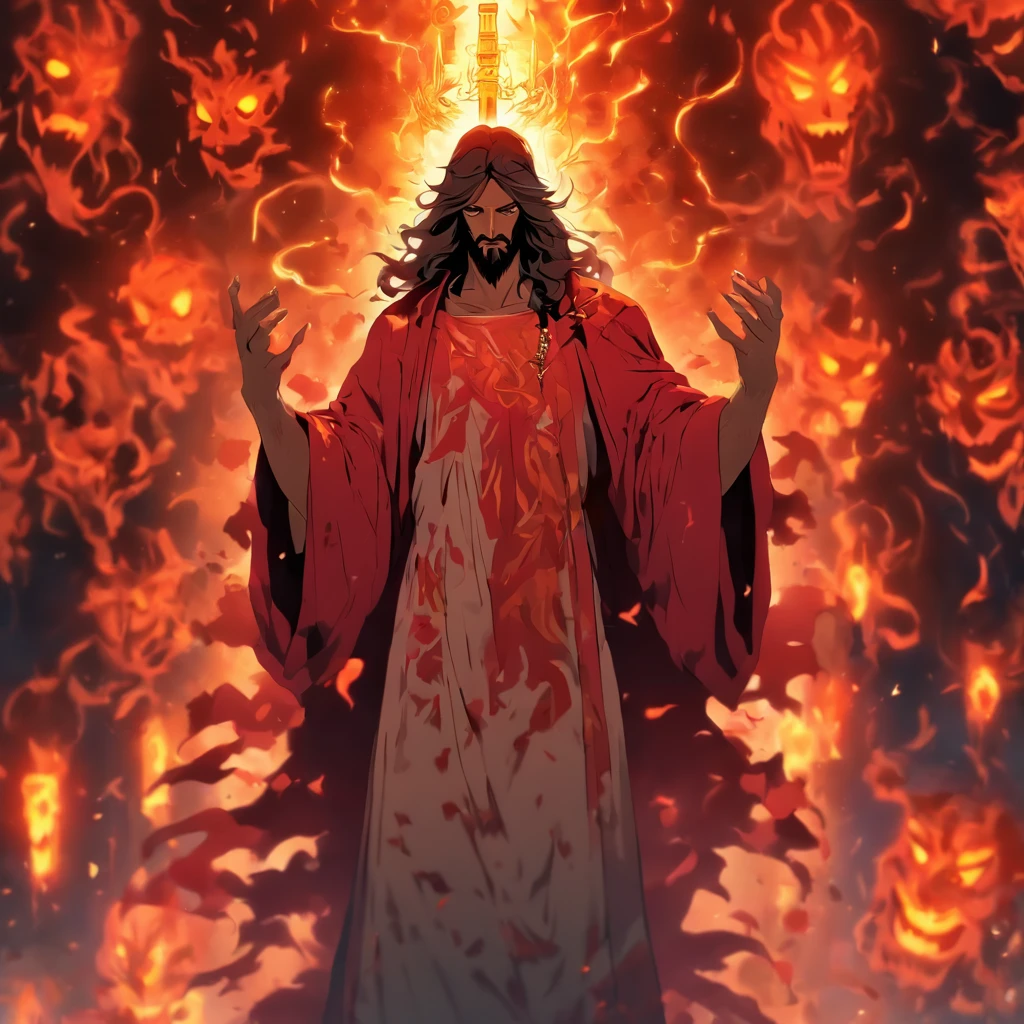 Jesus christ emaciated cult leader wearing a robe, that collects a following of curses and demons