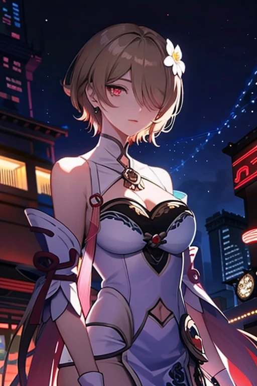 rita rossweisse, dress, choker, brown hair, short hair, detached sleeves, hair over one eye, eyes visible through hair, hair flower, blue rose, red eyes, swept bangs, asymmetrical sleeves, mole under eye, Bustling night market filled with colorful lights