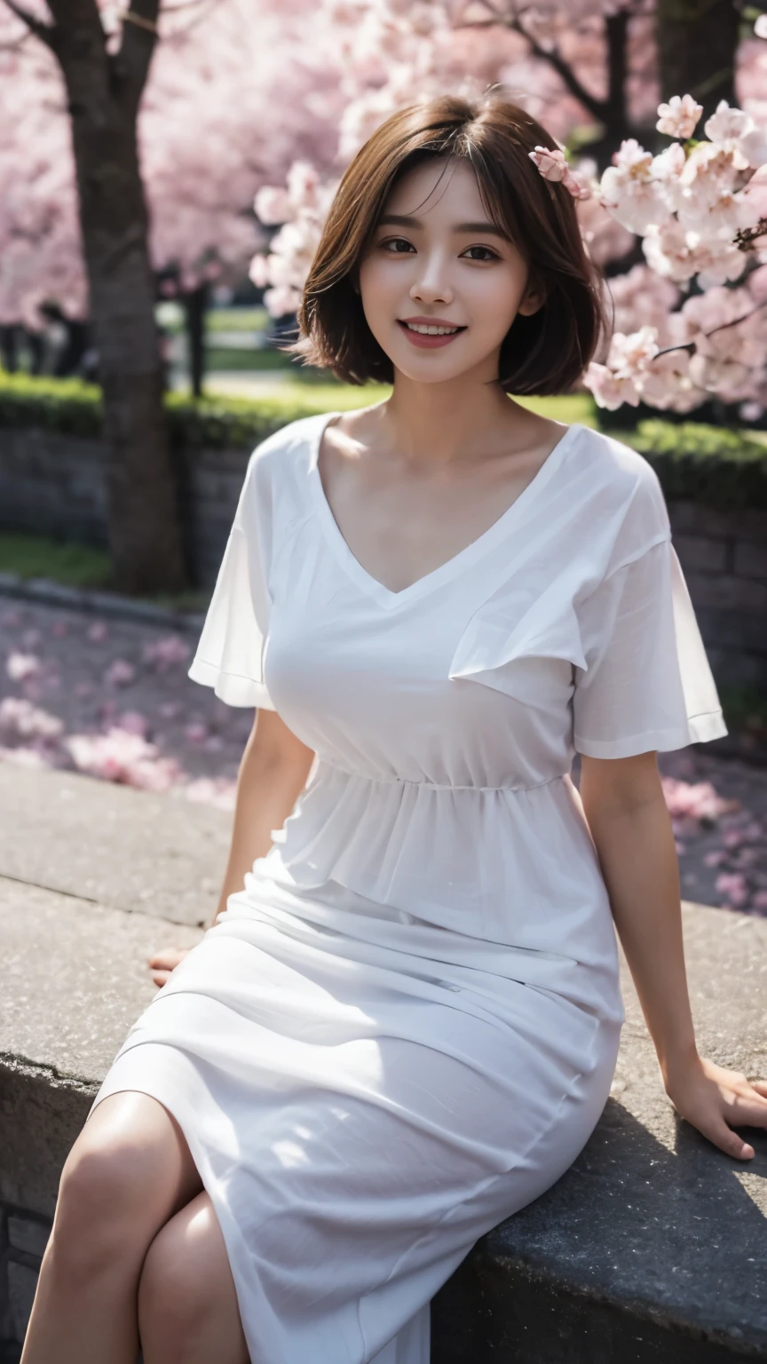 ((best quality, 8 thousand, masterpiece:1.3)), Concentrate upon: 1.2, bee waist, perfect body beauty:1.4, ((layered haircut:1.2)), Highly detailed face and skin texture, White skin, whole body, see it, the gap is big., big bust, Volume, laugh, beautiful teeth, (반팔 long dress t-shirt:1.3), sagging breasts, big bust, (dark night with no one), (dark cherry blossom street:1.3), (sit down), (alone:1.2), long dress t-shirt, (V-neck),