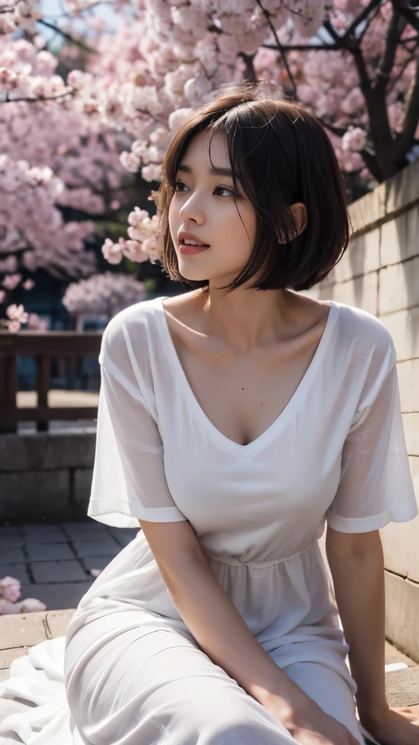 ((best quality, 8 thousand, masterpiece:1.3)), Concentrate upon: 1.2, bee waist, perfect body beauty:1.4, ((layered haircut:1.2)), Highly detailed face and skin texture, White skin, whole body, see it, the gap is big., big bust, Volume, laugh, beautiful teeth, (반팔 long dress t-shirt:1.3), sagging breasts, big bust, (dark night with no one), (dark cherry blossom street:1.3), (sit down), (alone:1.2), long dress t-shirt, (V-neck),