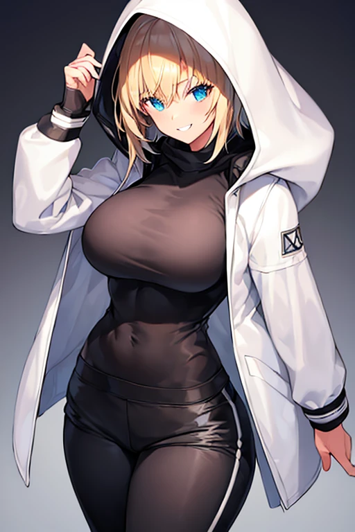 1girl, hood, jacket, hooded jacket, hood on, hood up, blonde hair, large , breasts jacket, black shirt, shirt, very short hair, pants, black pants, smile, toned, toned female, urban, mature female, tall female