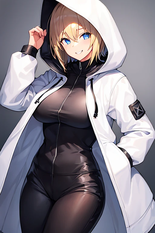 1girl, hood, jacket, hooded jacket, hood on, hood up, blonde hair, large breasts, breasts, white jacket, black shirt, shirt, very short hair, pants, black pants, smile, toned, toned female, urban, mature female, tall, tall female