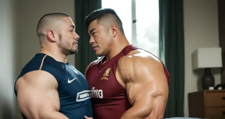 kissing, inside bed room, facing each other, (rugby uniform:1.2), Japanese man, Chinese man, Korean man, Taiwanese man, manly face, round face, monolid eyes, (buzz cut:1.4), very large and strong body, bulging muscles, very large pectoral muscles, muscular arms, muscular abs, muscular legs, muscular back, brightens oily skin, master piece, realistic, panorama, distant view